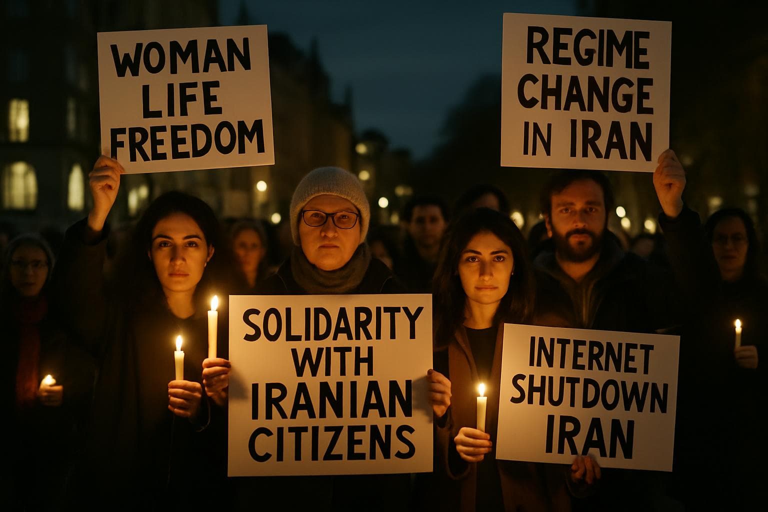 Protest in Bristol supporting Iranian citizens with signs and candles.