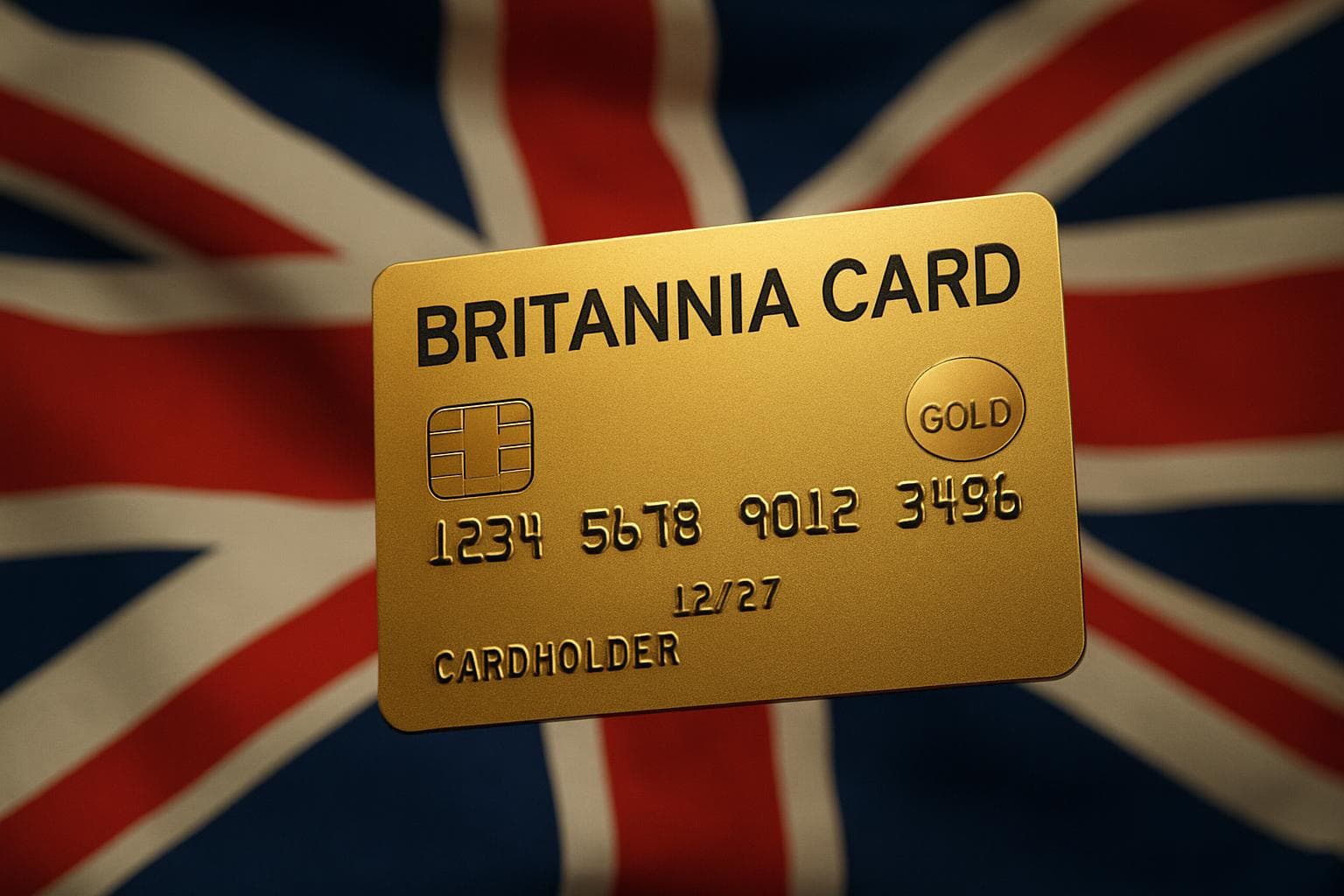 Golden Britannia Card with UK flag backdrop