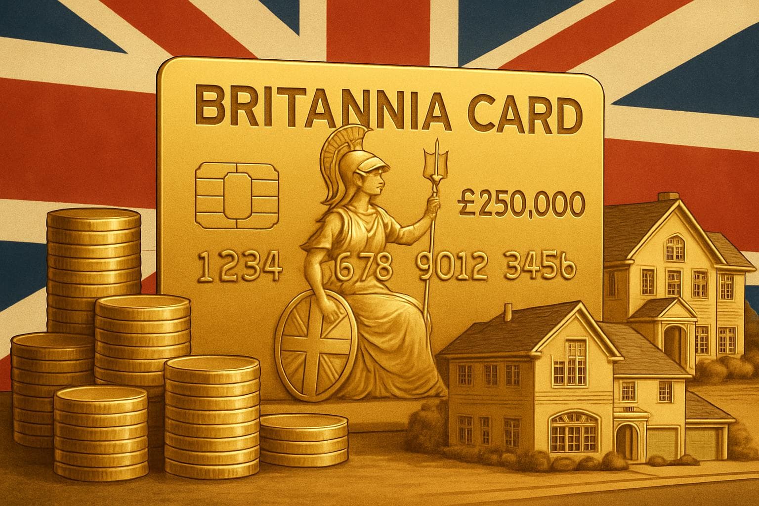 Golden Britannia Card with coins and luxury homes on UK flag
