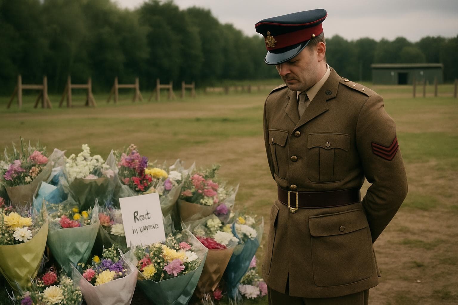 British Army officer in uniform with floral tributes