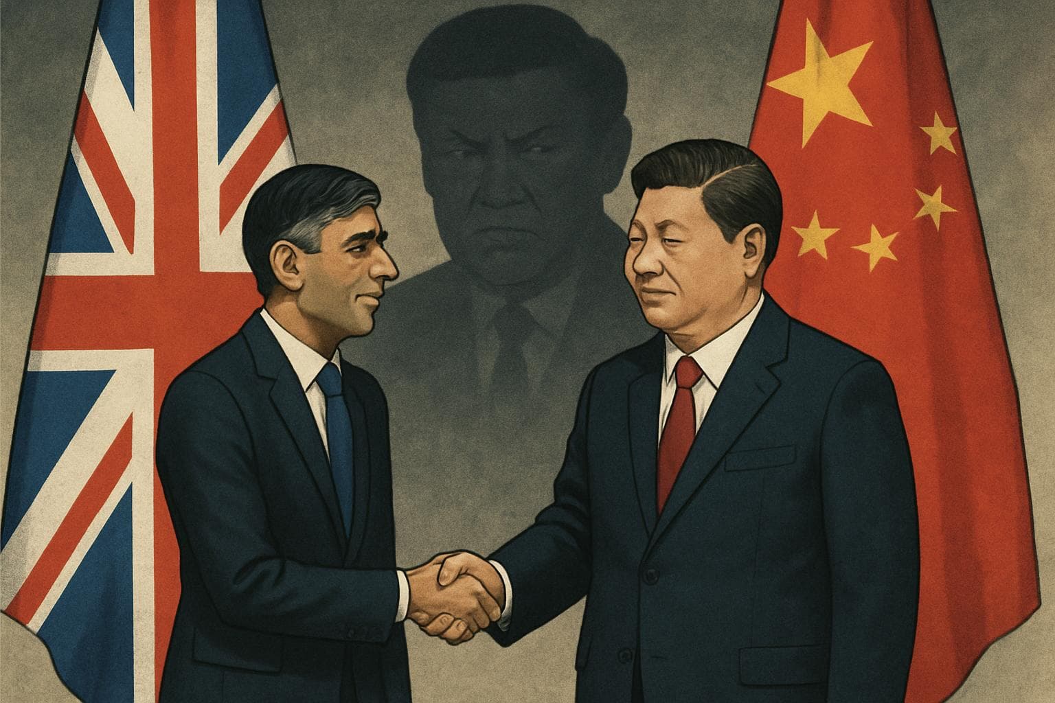 British and Chinese leaders shaking hands with flags behind