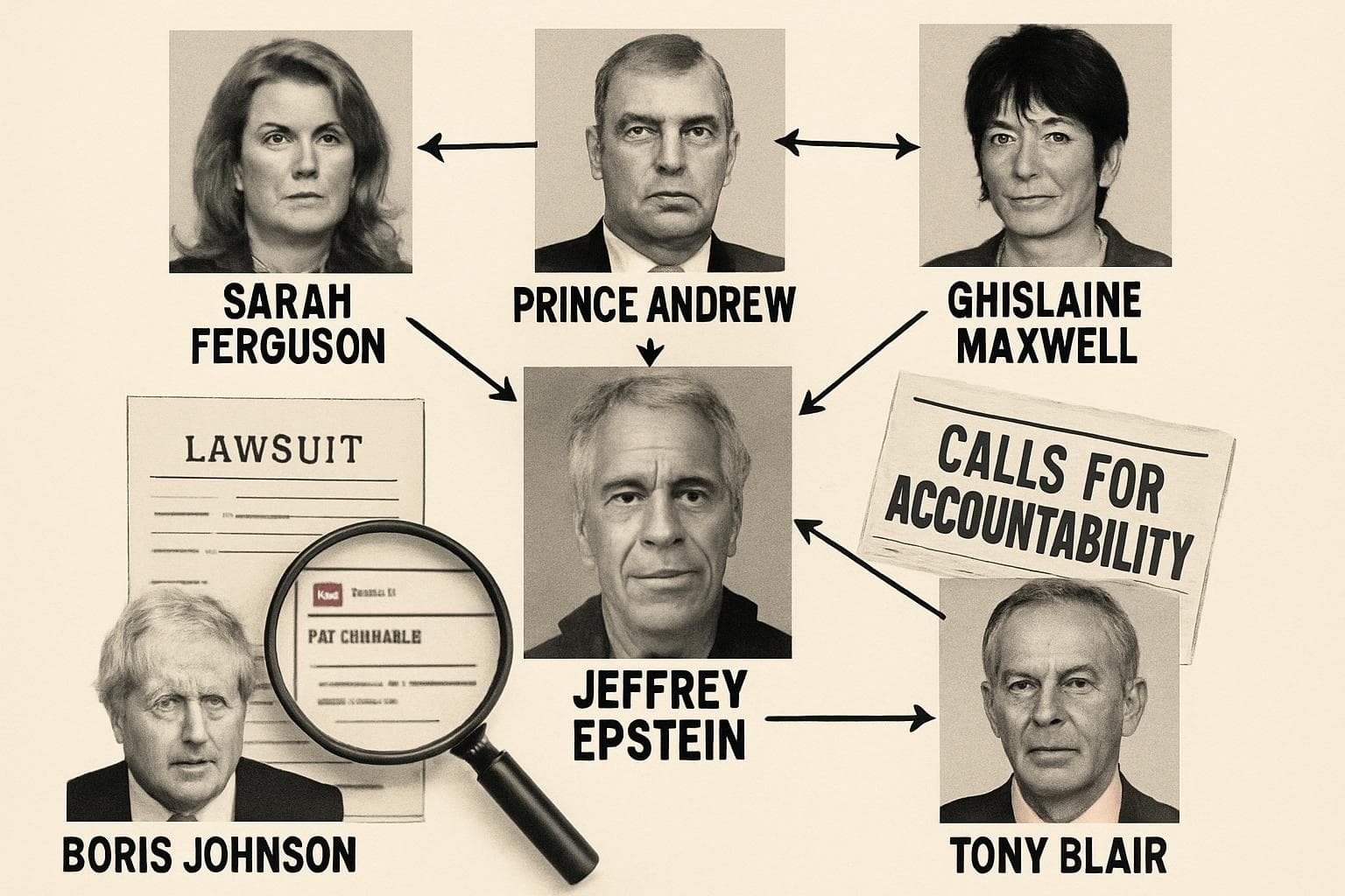 Collage of British figures with legal documents and magnifying glass