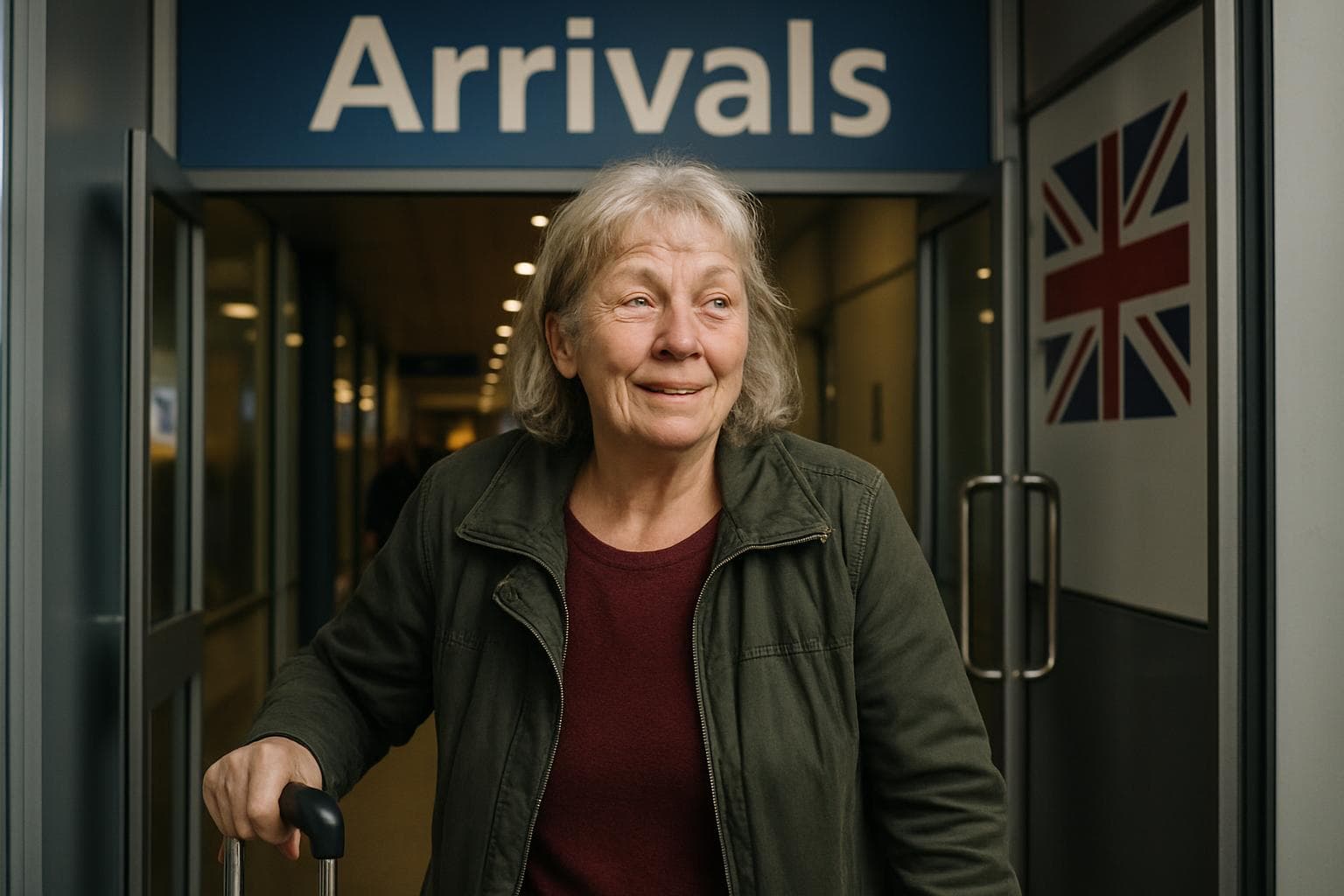 British grandmother stepping through UK airport gate relieved