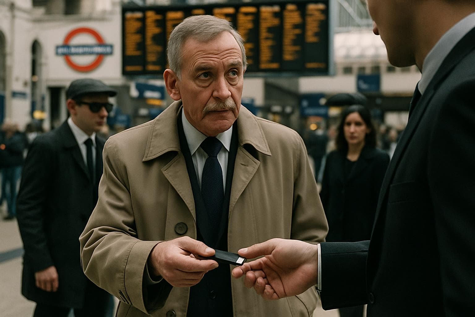 Elderly British man passing USB stick at train station