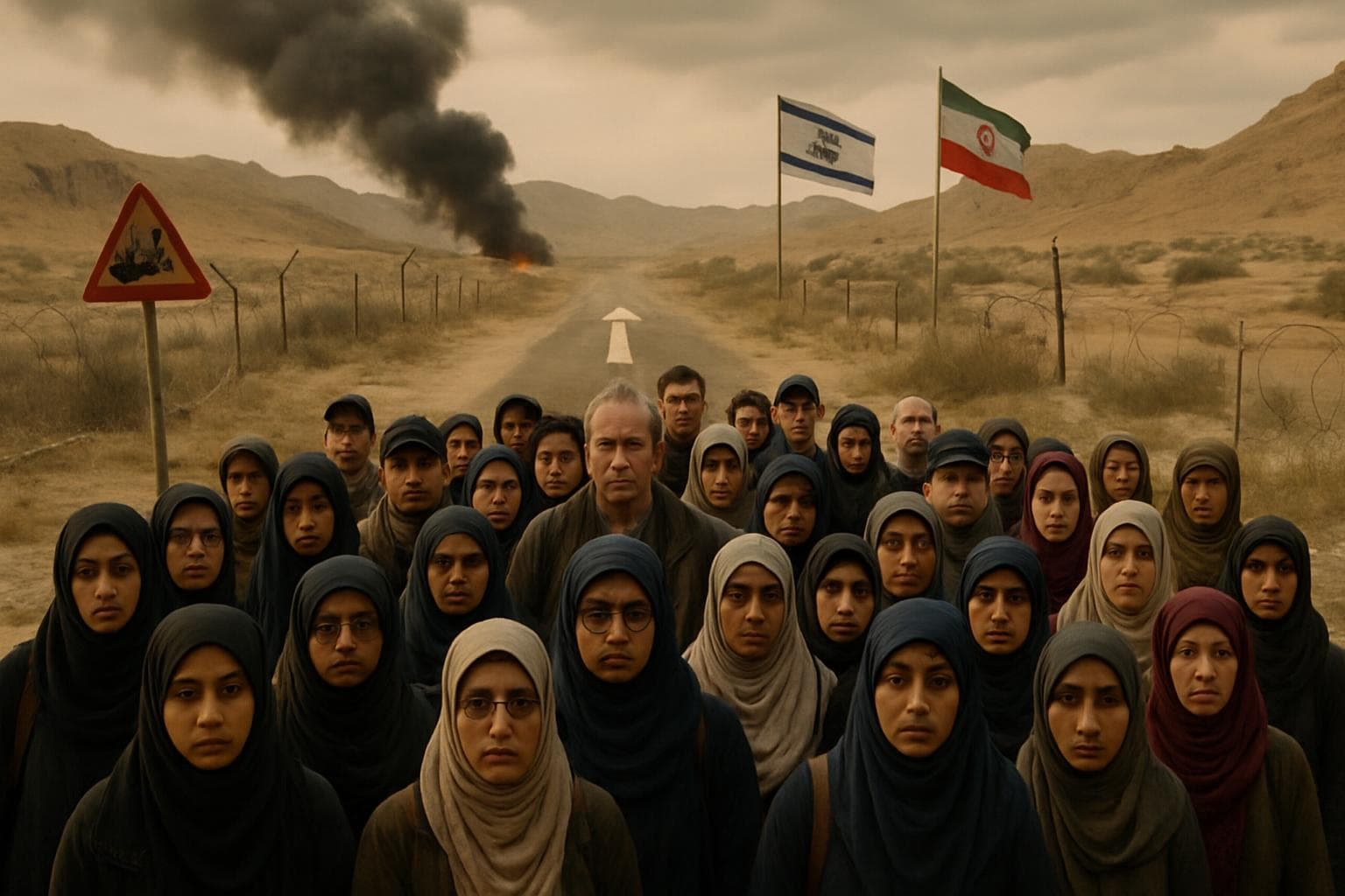 Group of British nationals in Middle Eastern landscape