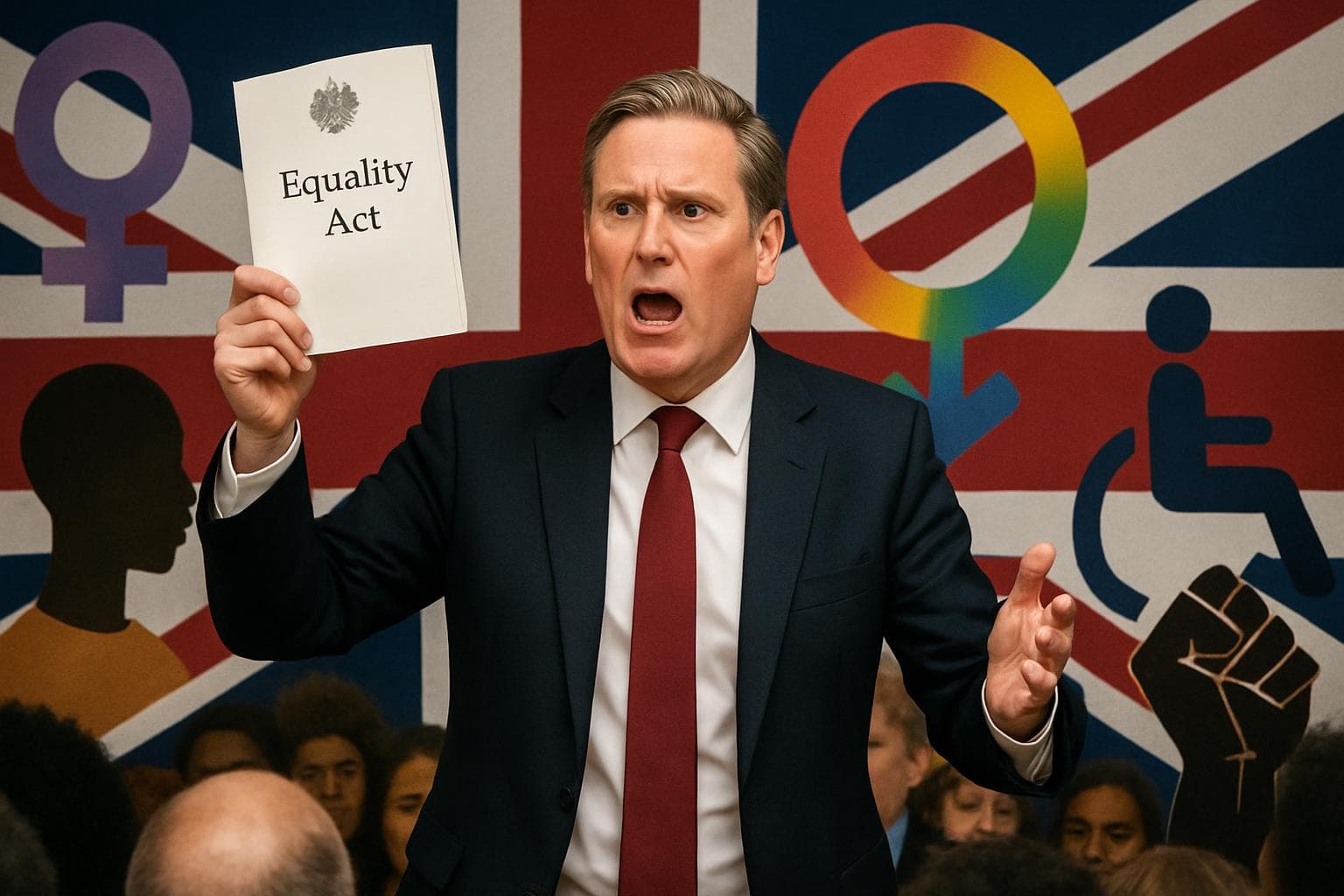 British Prime Minister with Equality Act document and diverse symbols