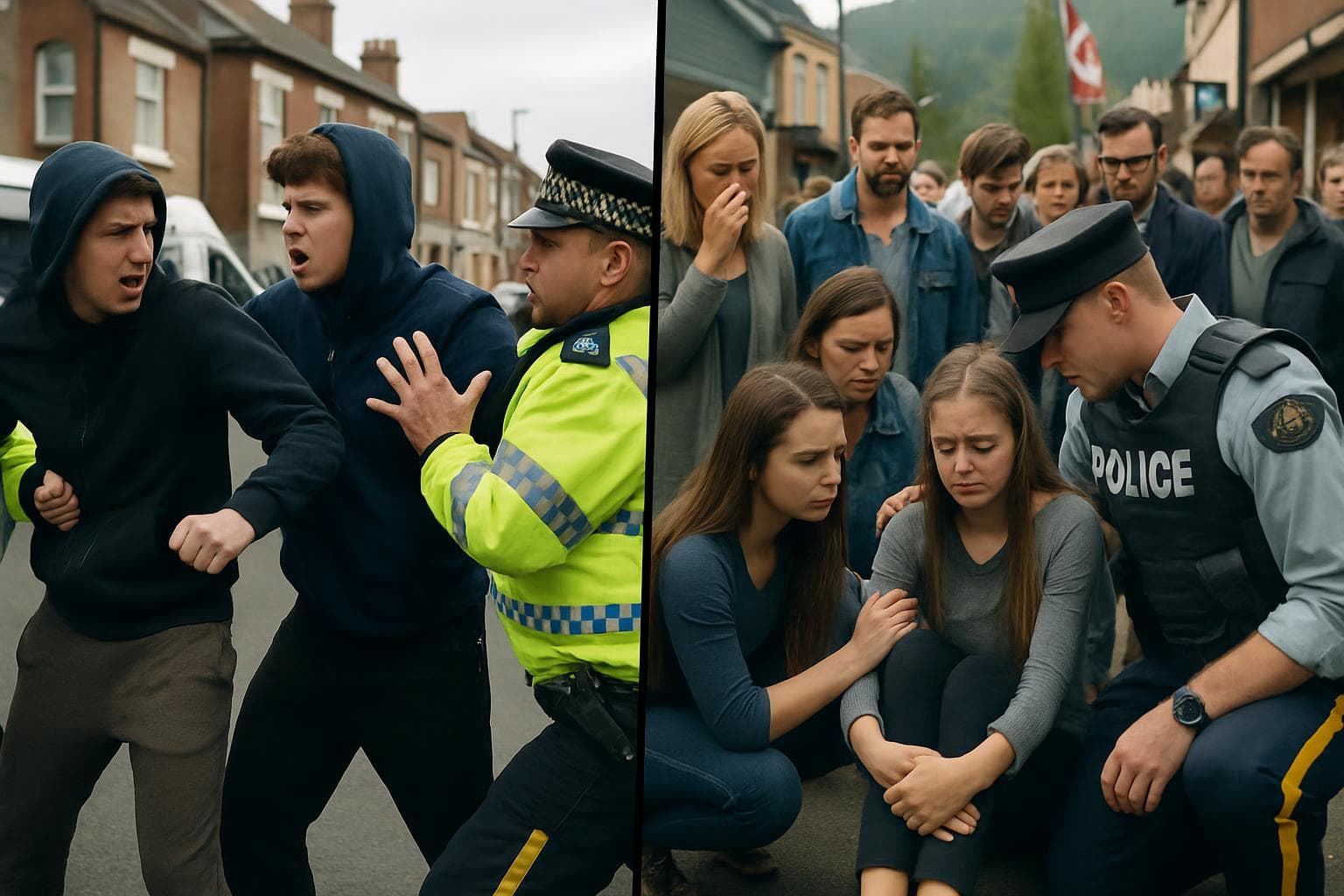British police officers clashing with teenage boys