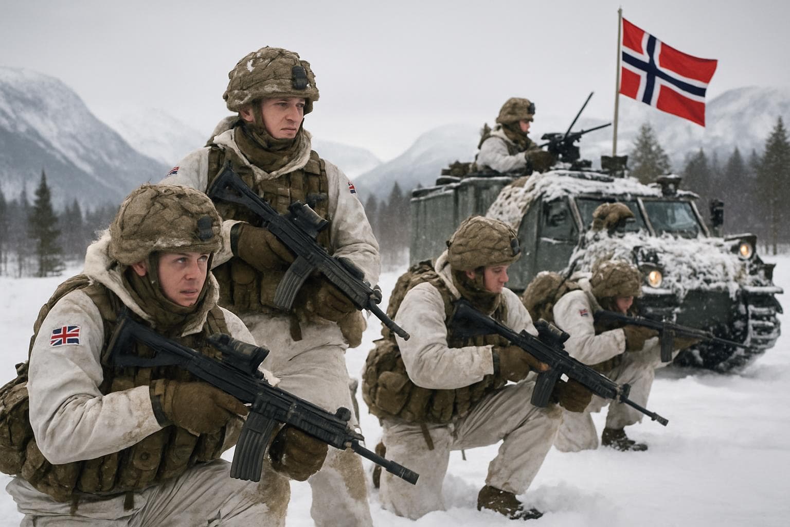 British troops in winter gear on snowy Norwegian terrain