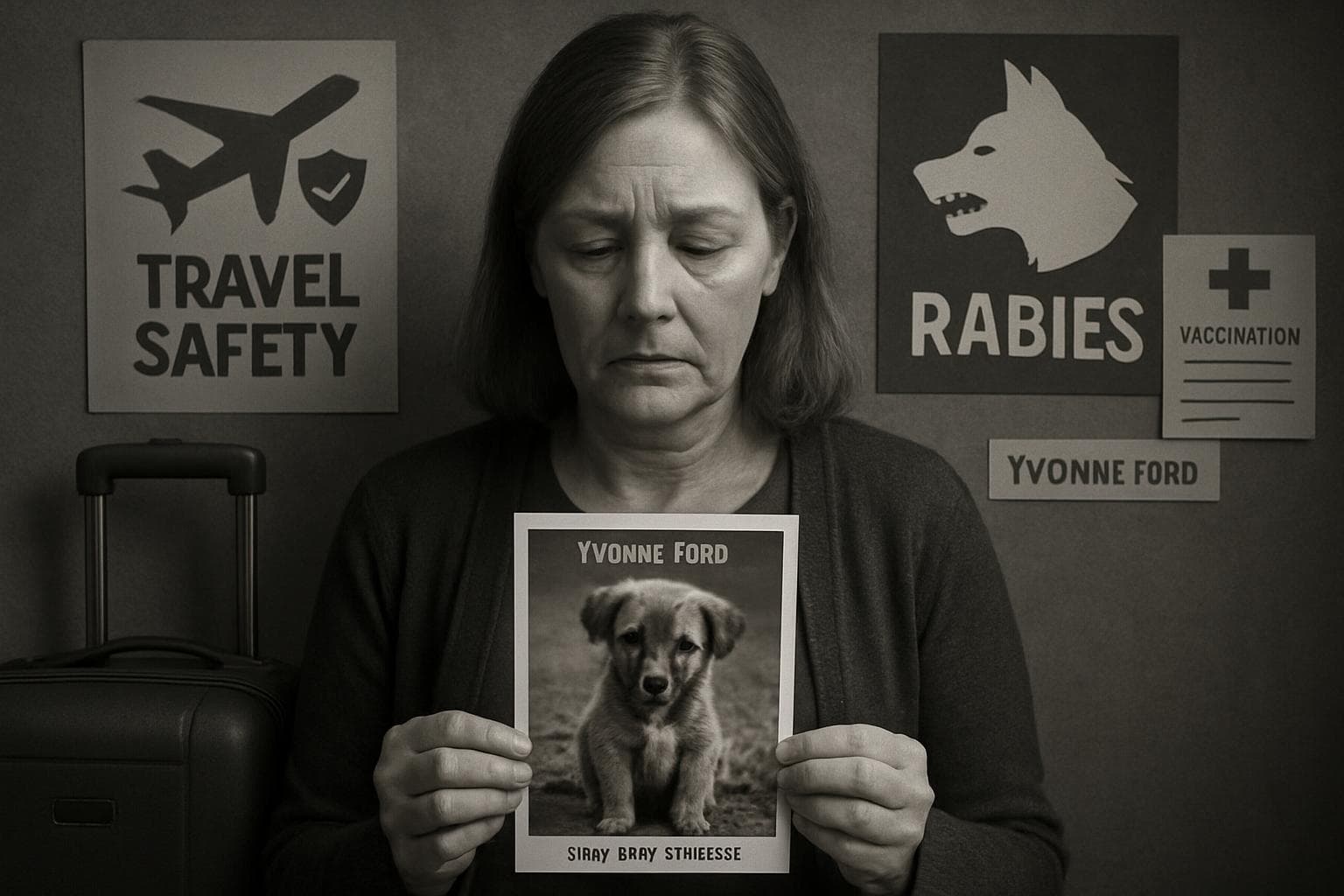 British woman holding a photo of a stray puppy with travel safety symbols
