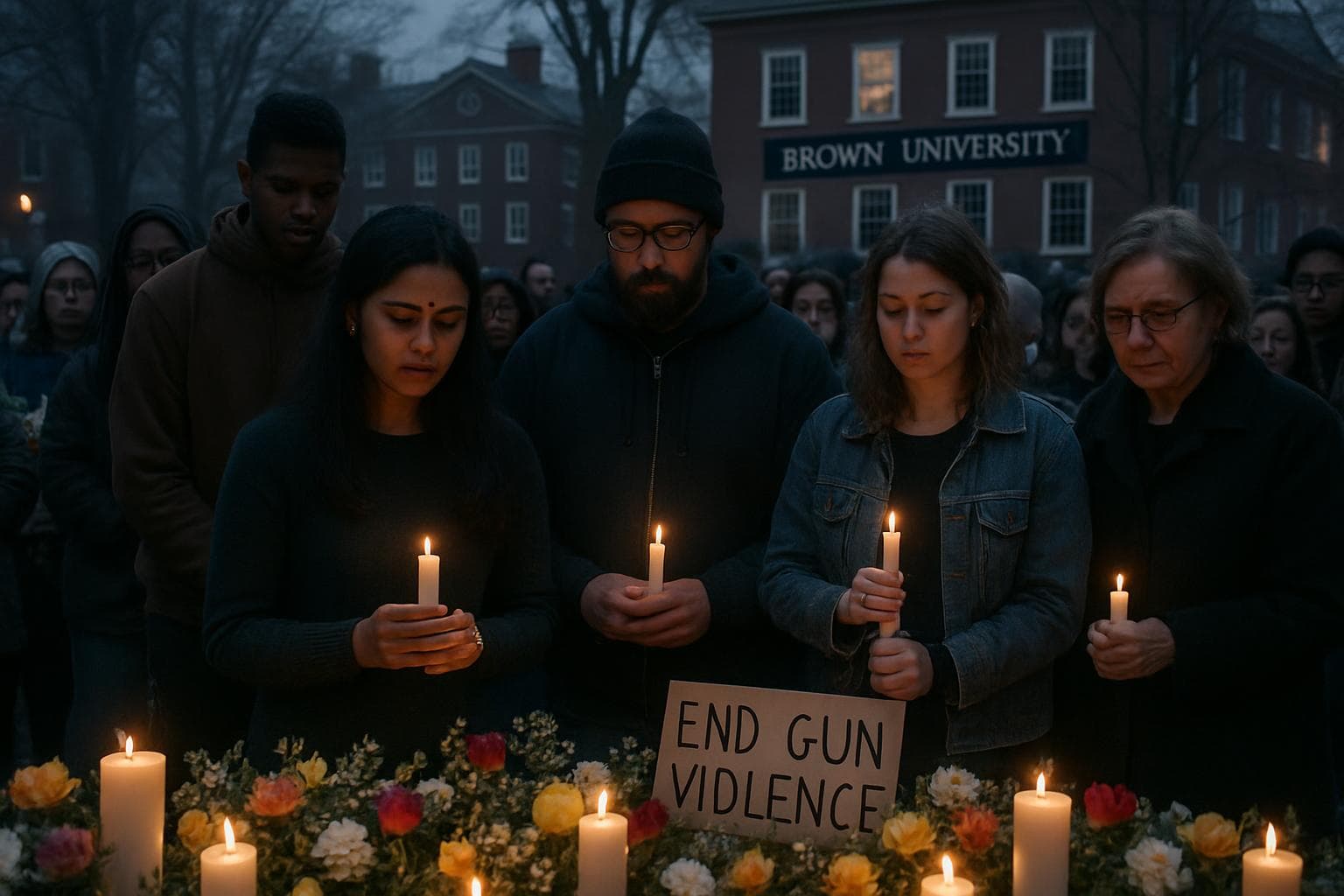 Crowd at Brown University vigil with candles and flowers