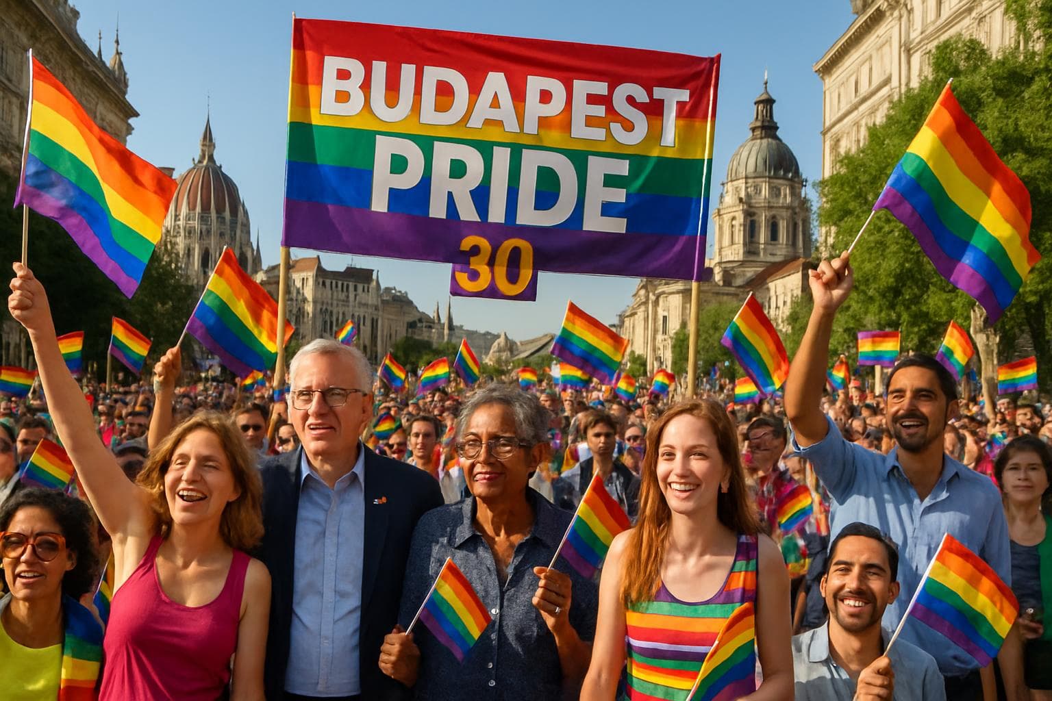 Diverse crowds at Budapest Pride March with rainbow flags