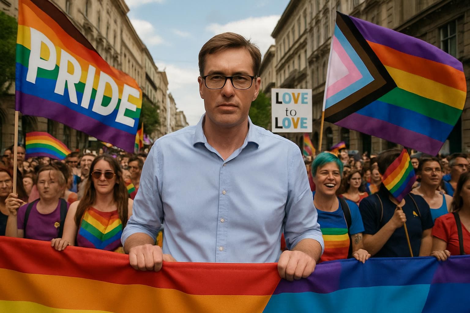 Budapest Mayor Gergely Karácsony leading a Pride march with flags