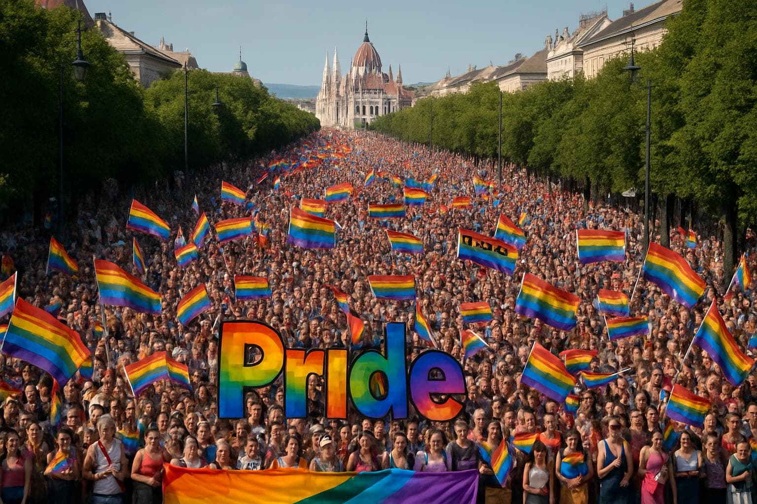 Large Pride parade in Budapest with flags and banners