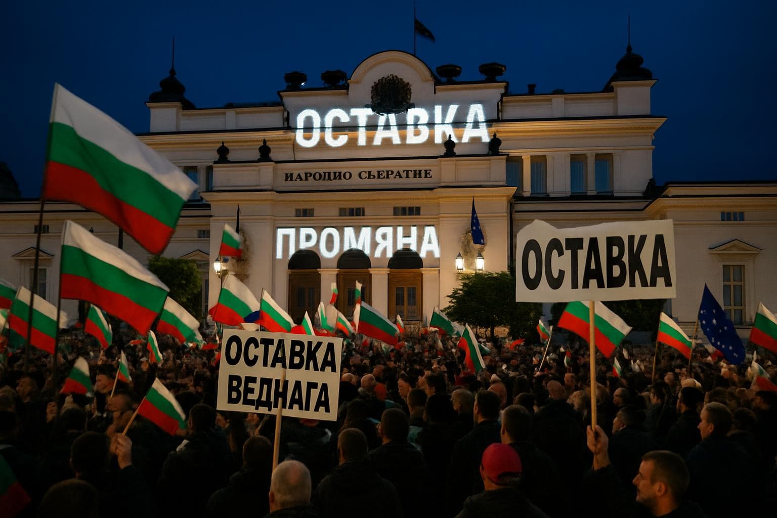 Crowd of protesters in Bulgaria with flags and signs