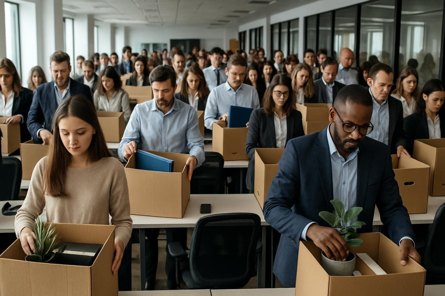 Office workers packing belongings in cardboard boxes