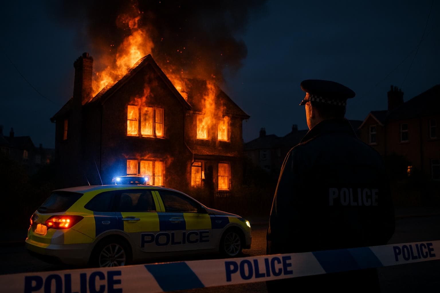 Burning house at night in Newquay with police present