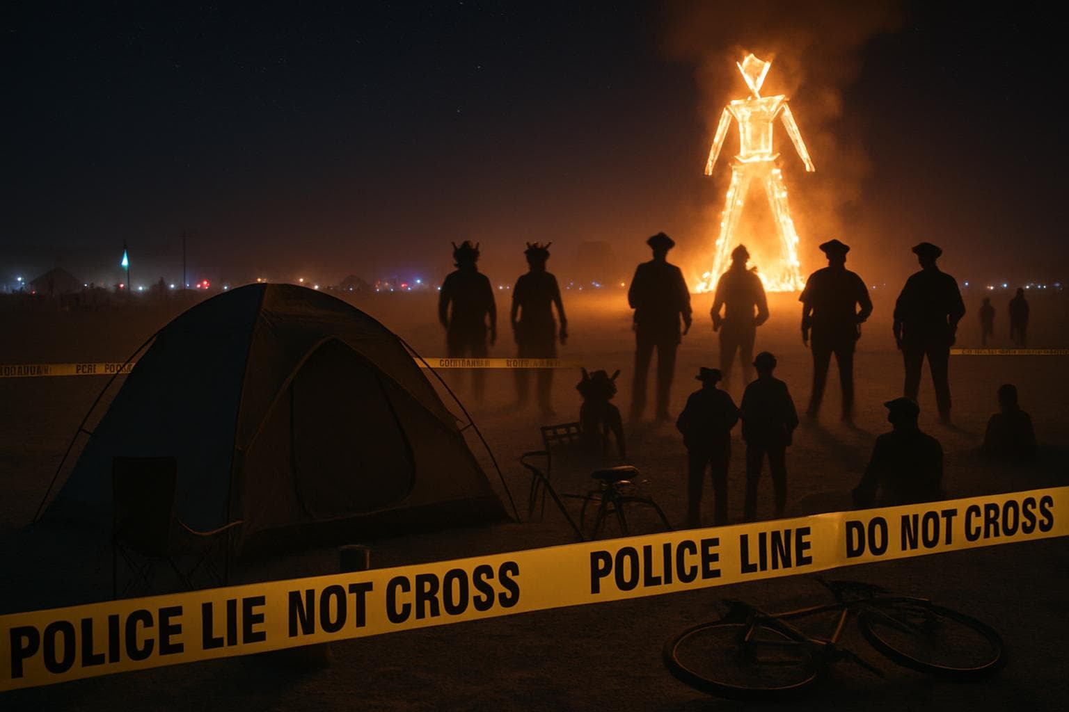 Desert campsite at Burning Man with police tape and effigy burning