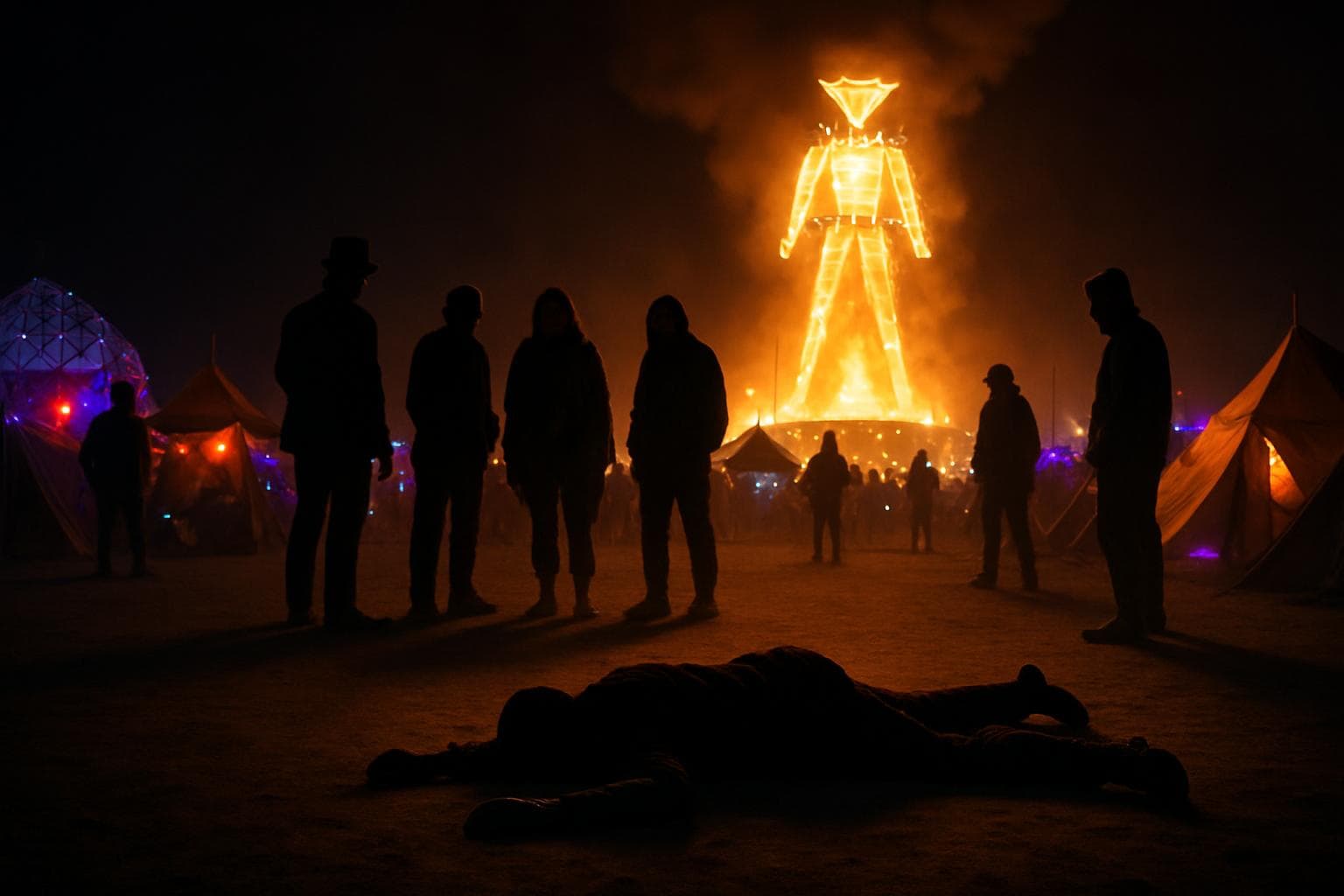 Nighttime scene at Burning Man with silhouetted figure and burning effigy