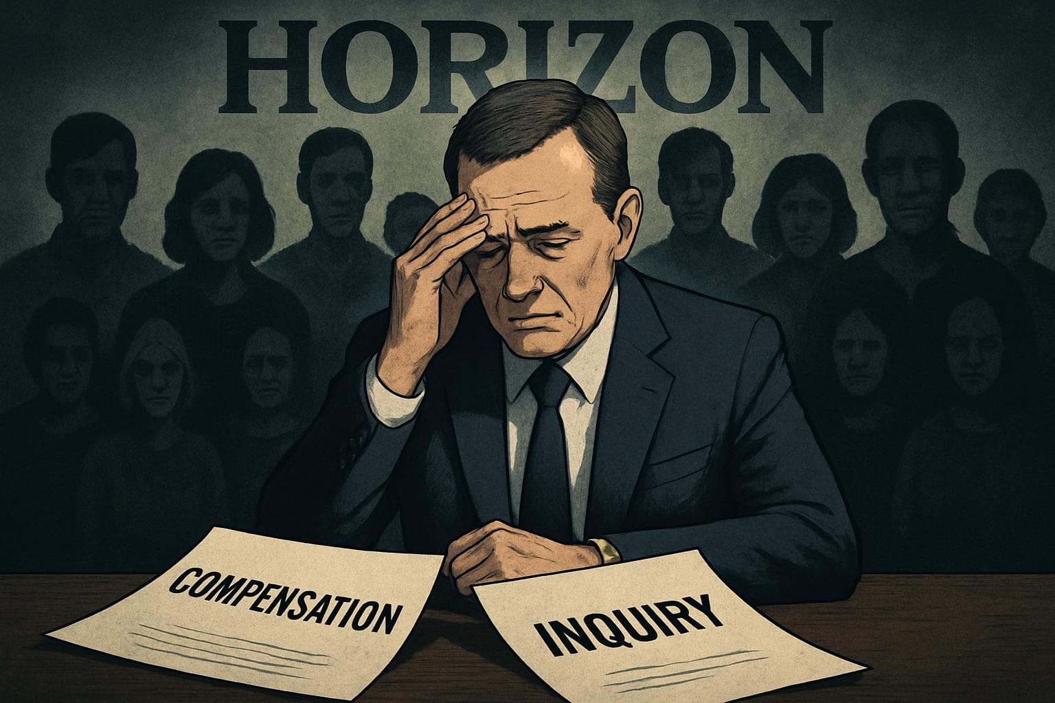 Business leader contemplating resignation with shadowy figures nearby