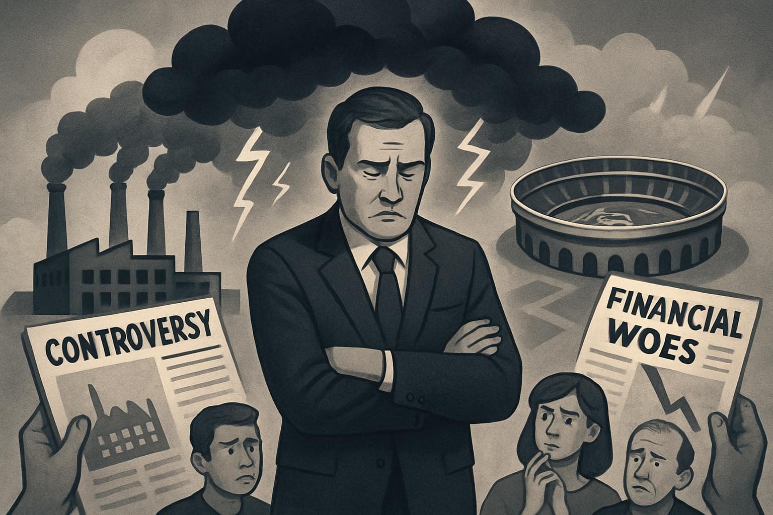 Businessman with stormy clouds near factories and stadium