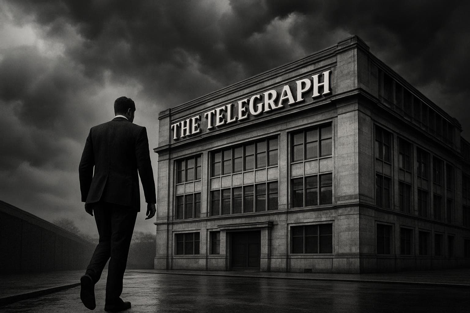 Businessman in a suit walking away from a newspaper building under storm clouds.