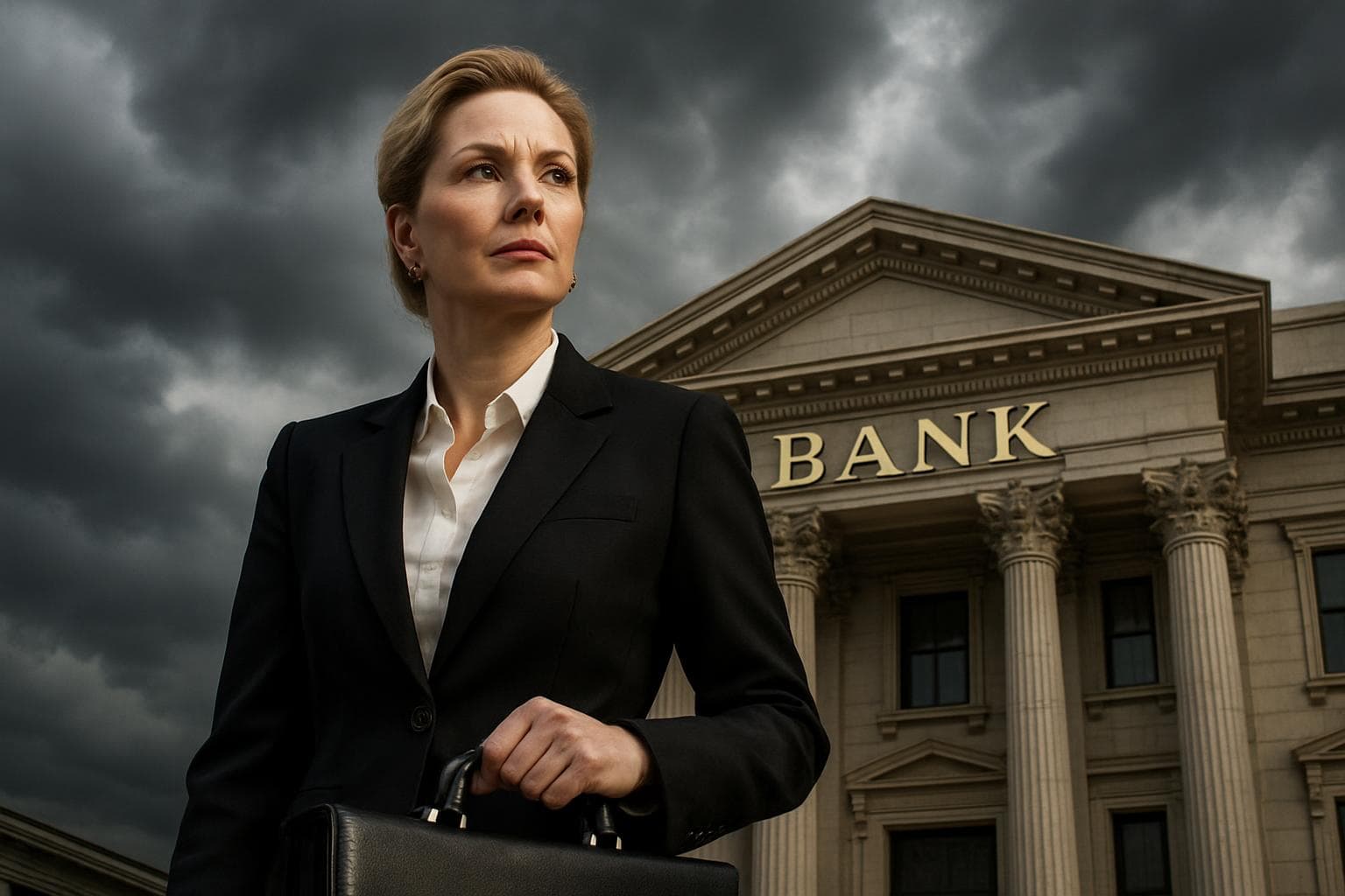 Businesswoman holding a briefcase in front of a bank