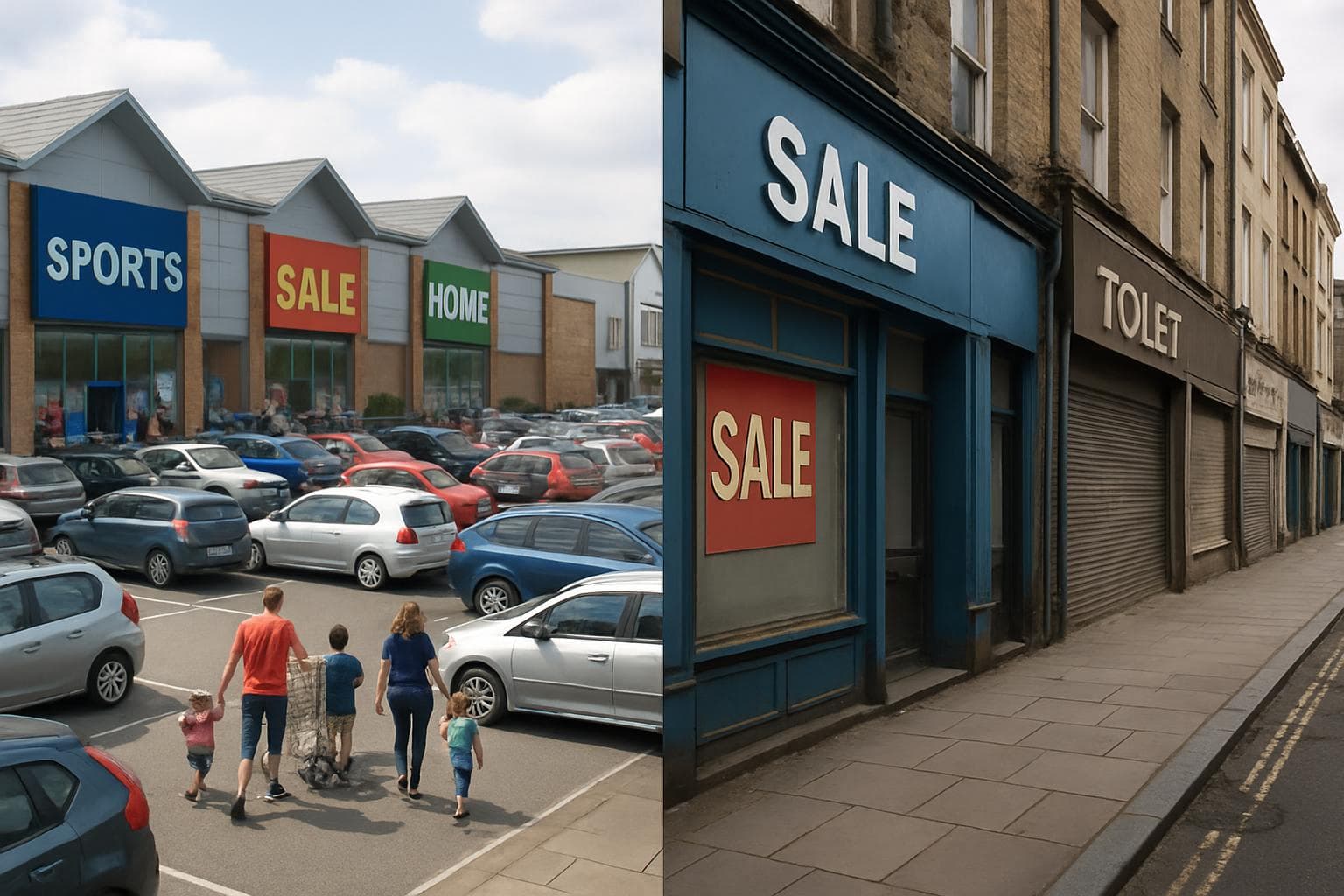 Retail park with parked cars and families shopping
