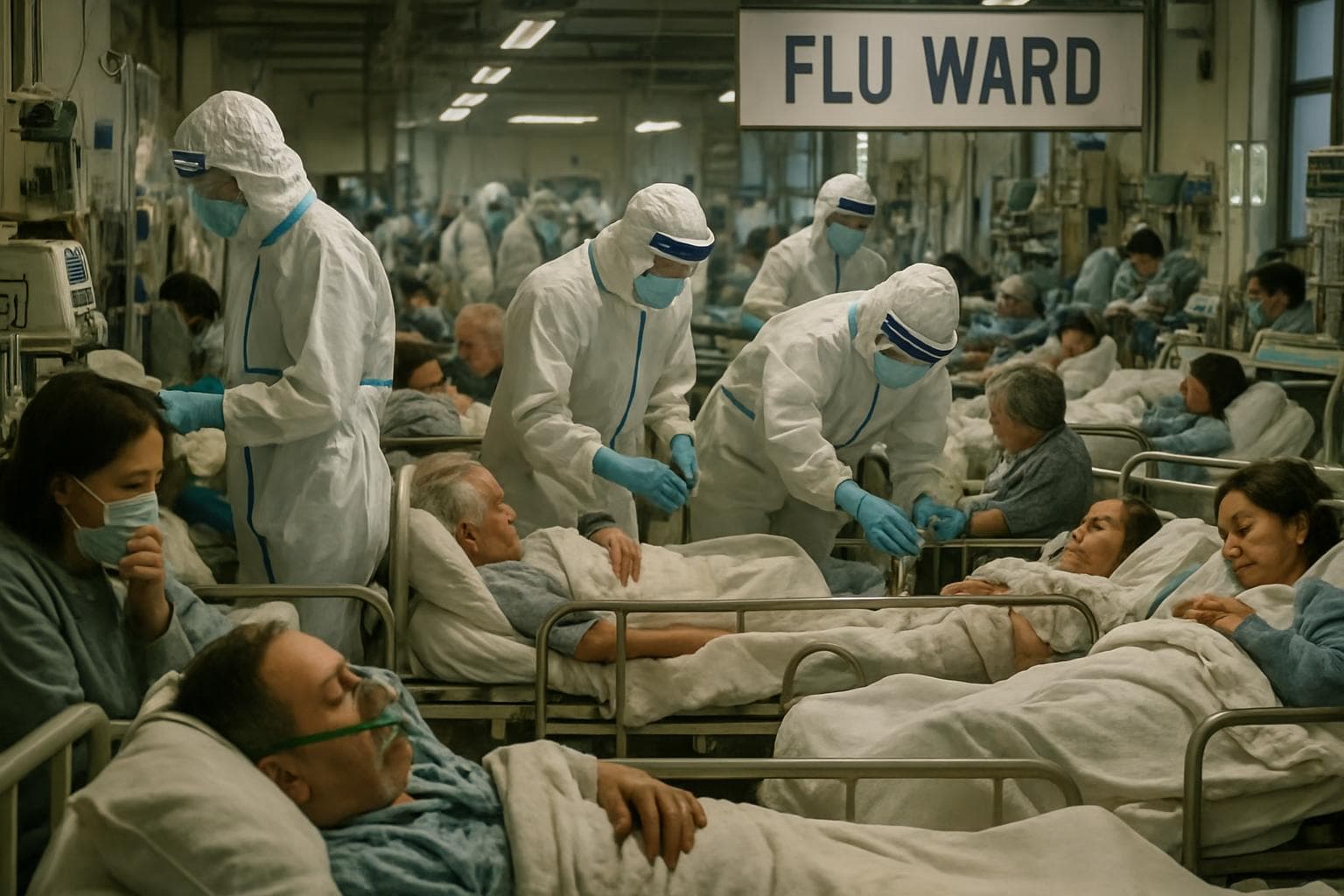 Healthcare workers in protective gear in a crowded hospital ward