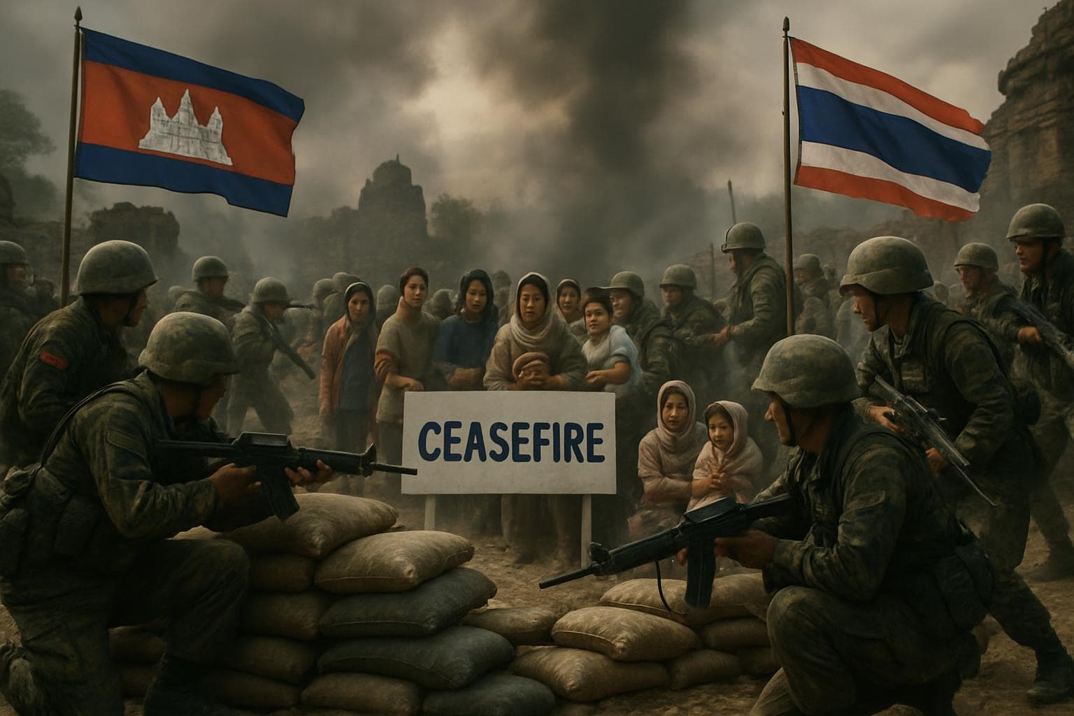 Military forces and displaced civilians at Cambodia-Thailand border