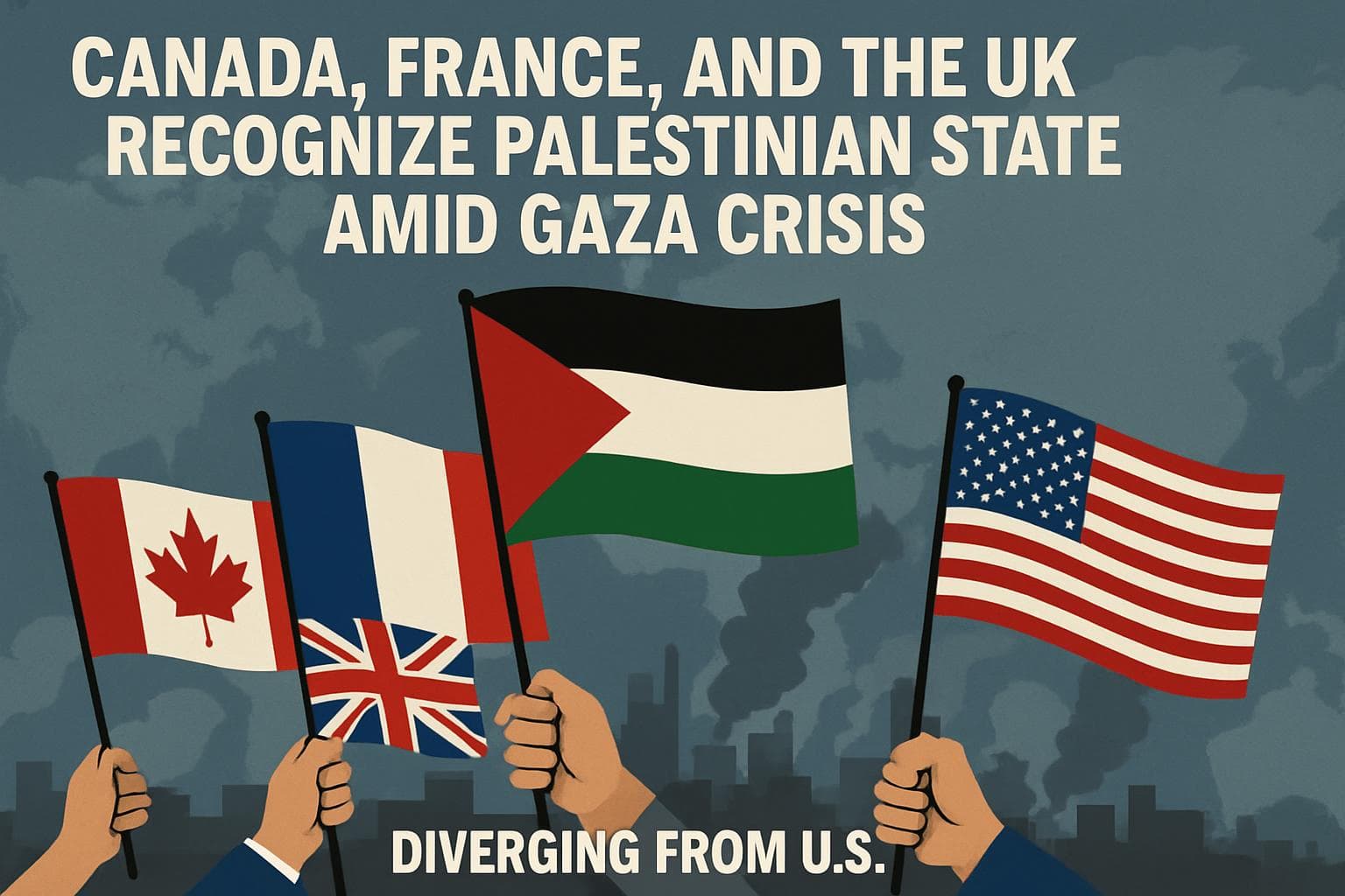 Flags of Canada, France, and the UK with a Palestinian flag