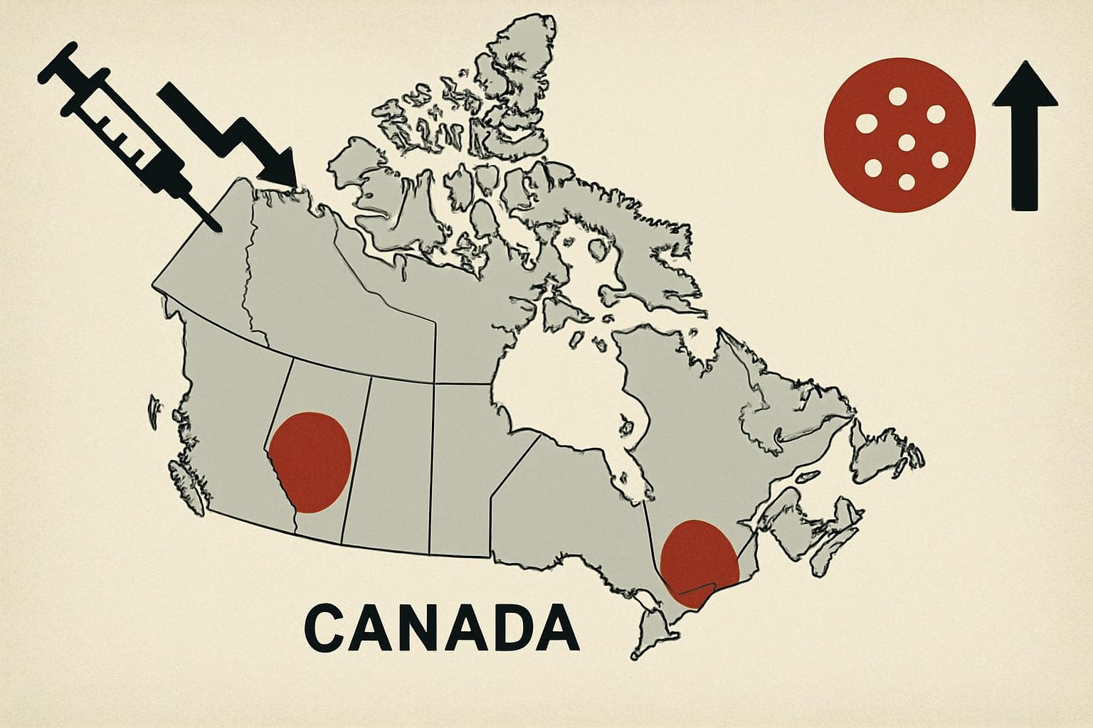 Map of Canada with outbreak zones in Ontario and Alberta