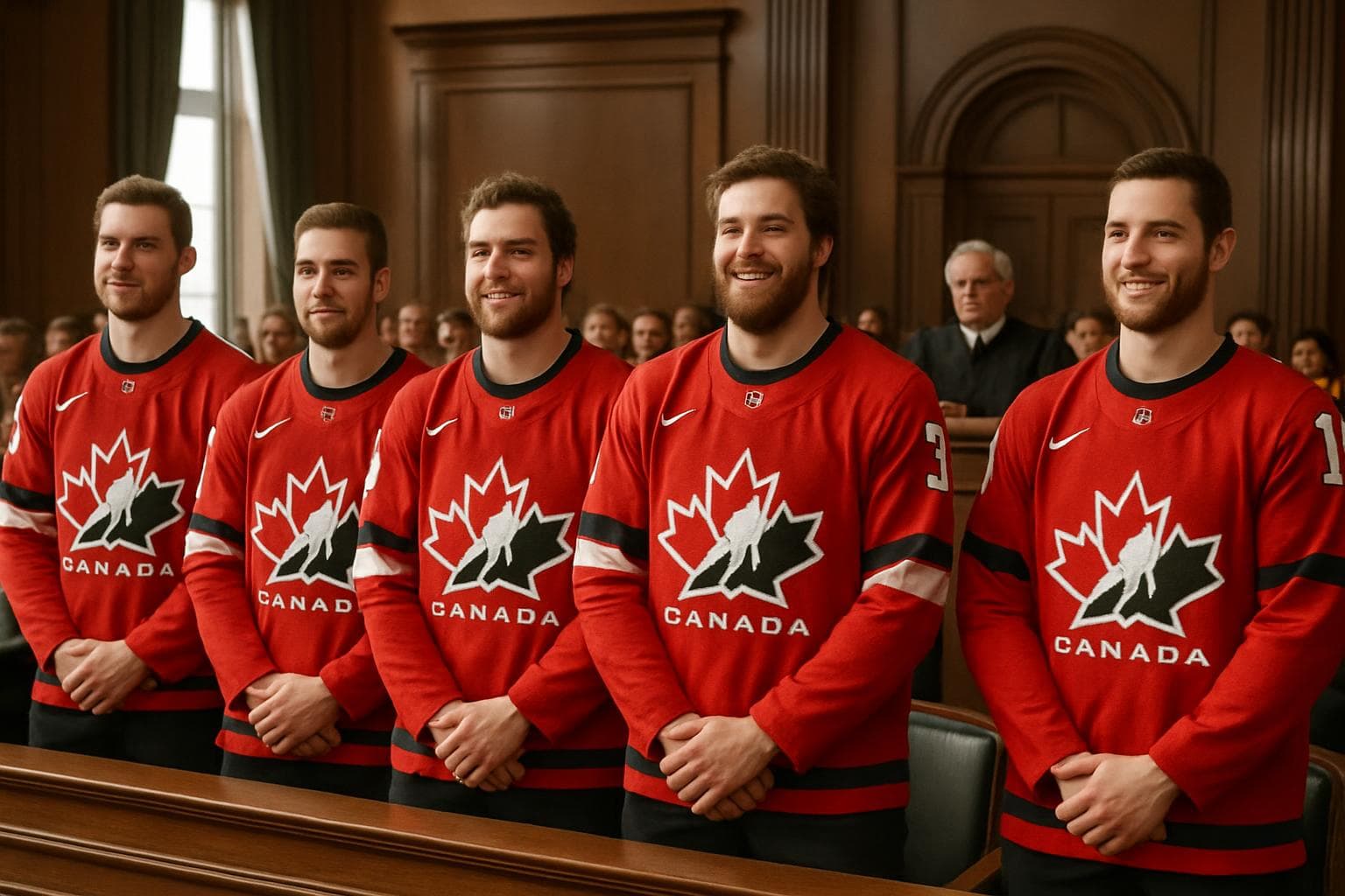 Five Canadian hockey players standing relieved in a courtroom