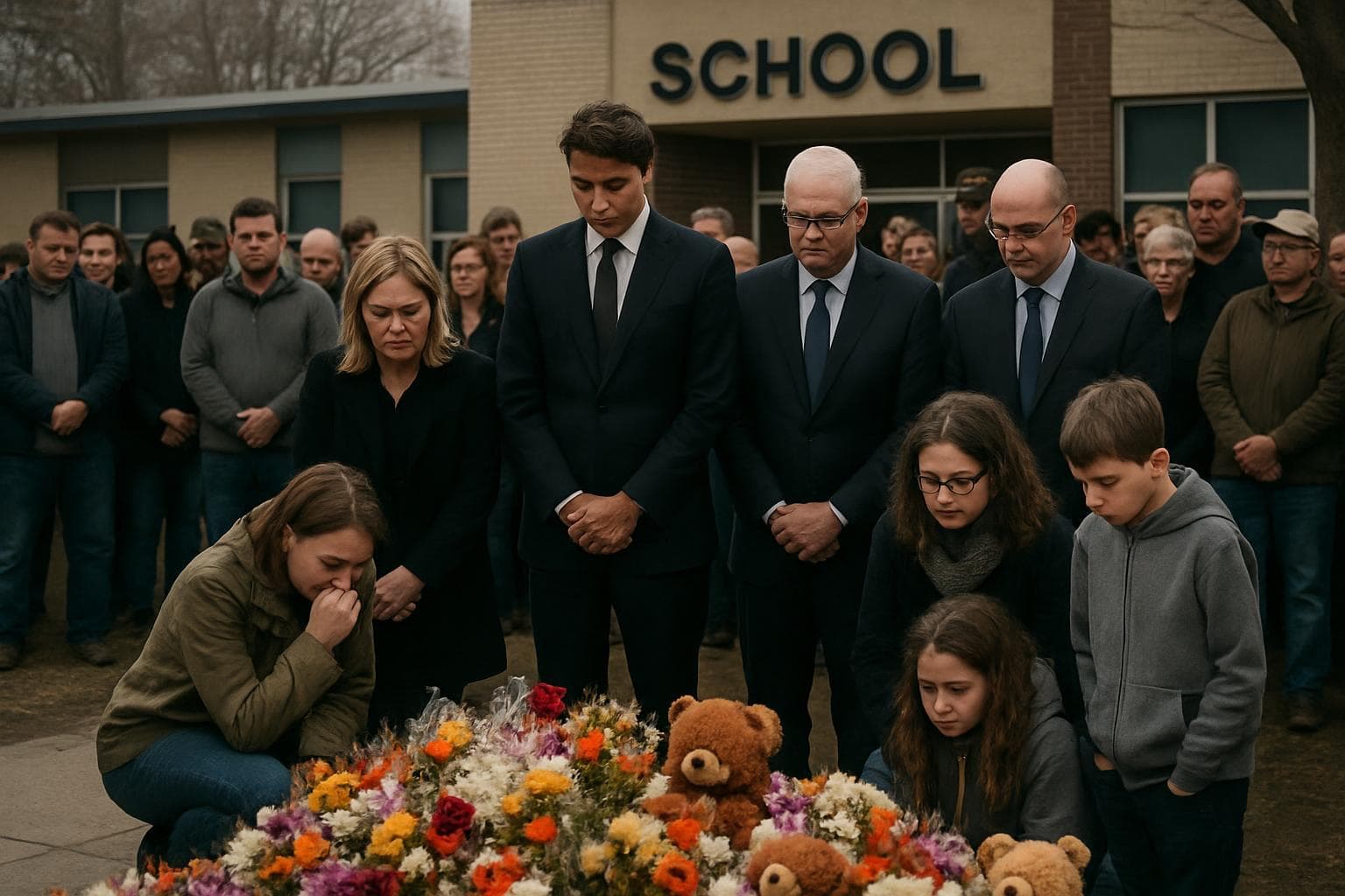 Community memorial with flowers and teddy bears outside school