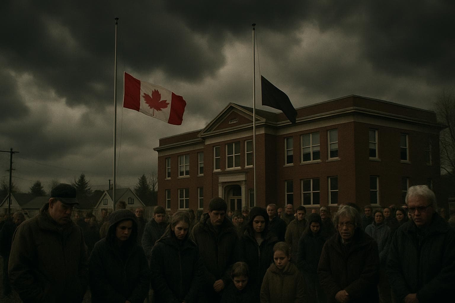 Residents gather in front of a school with flags at half-mast