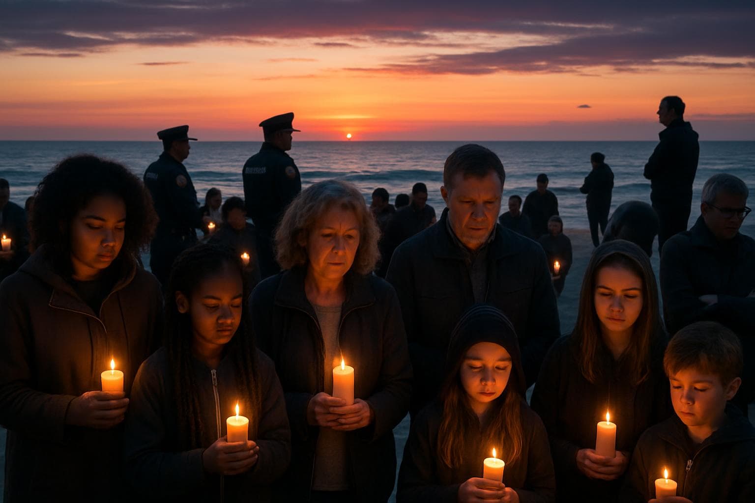 Diverse group at candlelight vigil on beach at sunset