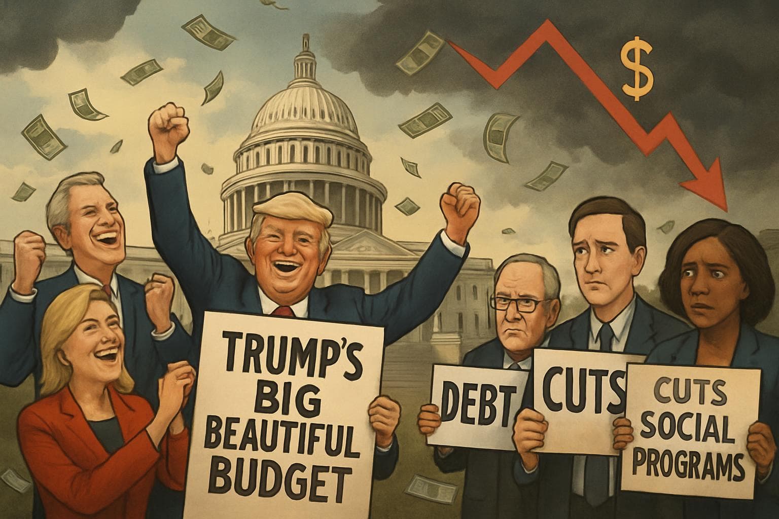 Republicans celebrating and Democrats protesting at Capitol Hill