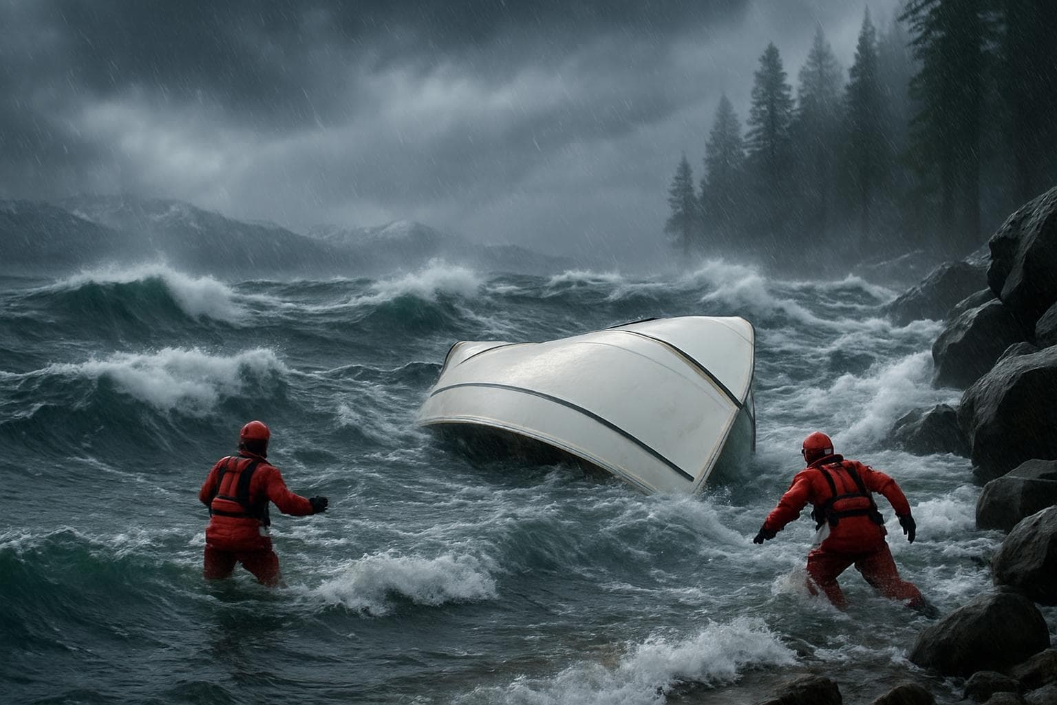 Capsized boat surrounded by rescue teams on Lake Tahoe