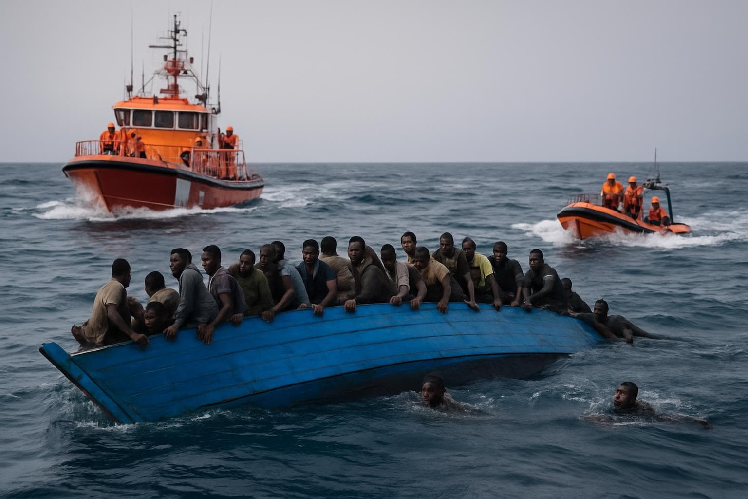 Capsized boat with migrants surrounded by rescue teams in the ocean