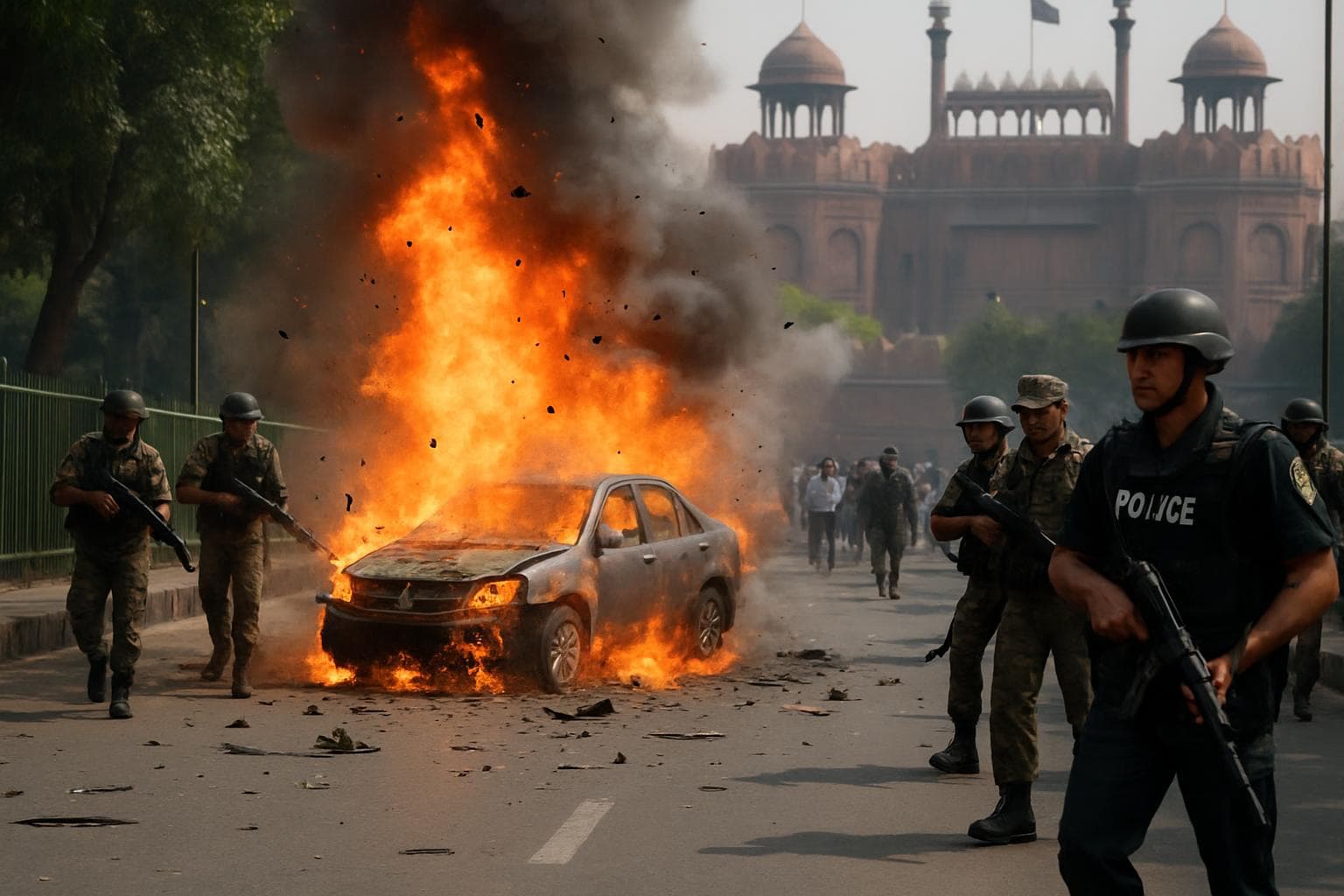 Car explosion near Delhi's Red Fort with smoke rising