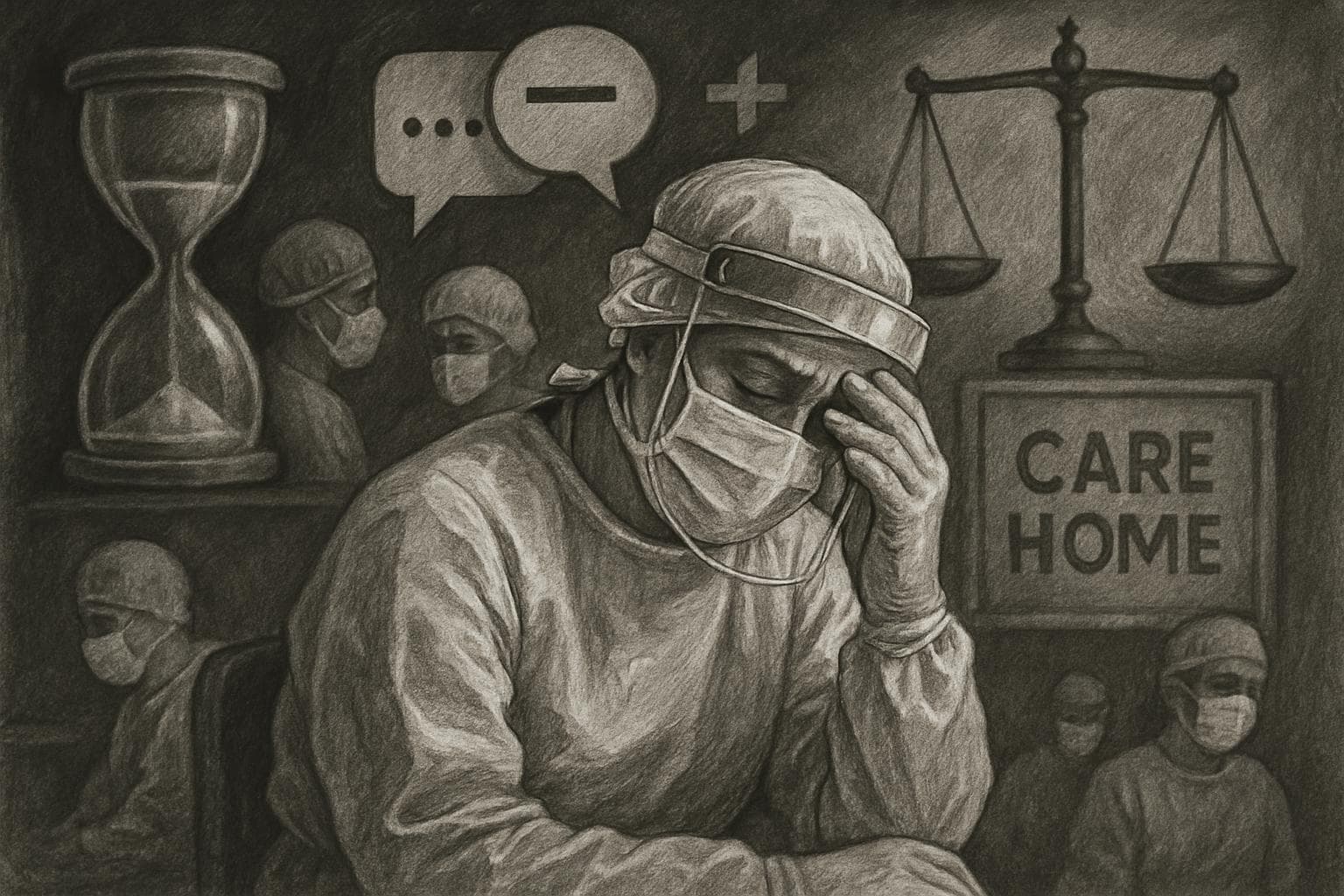 Care home staff in protective gear with symbolic images