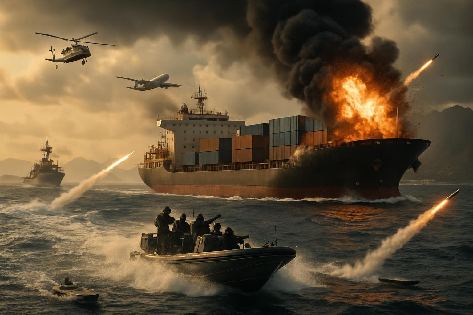 Cargo ship under attack by speedboats in the Red Sea