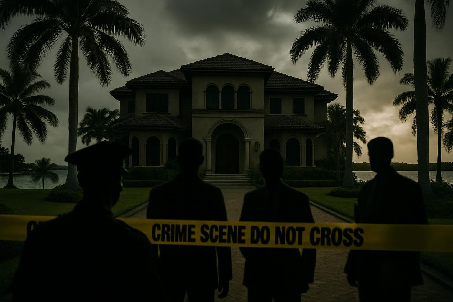 Caribbean mansion with shadowy figures symbolizing investigation