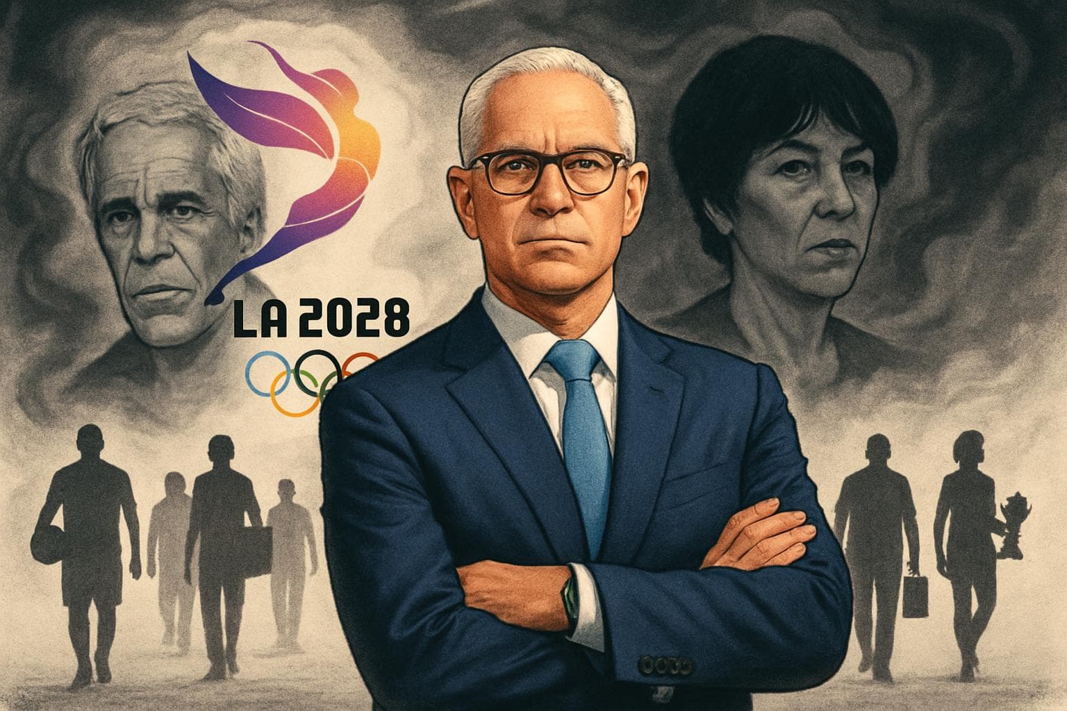 Casey Wasserman with shadowy figures in the background