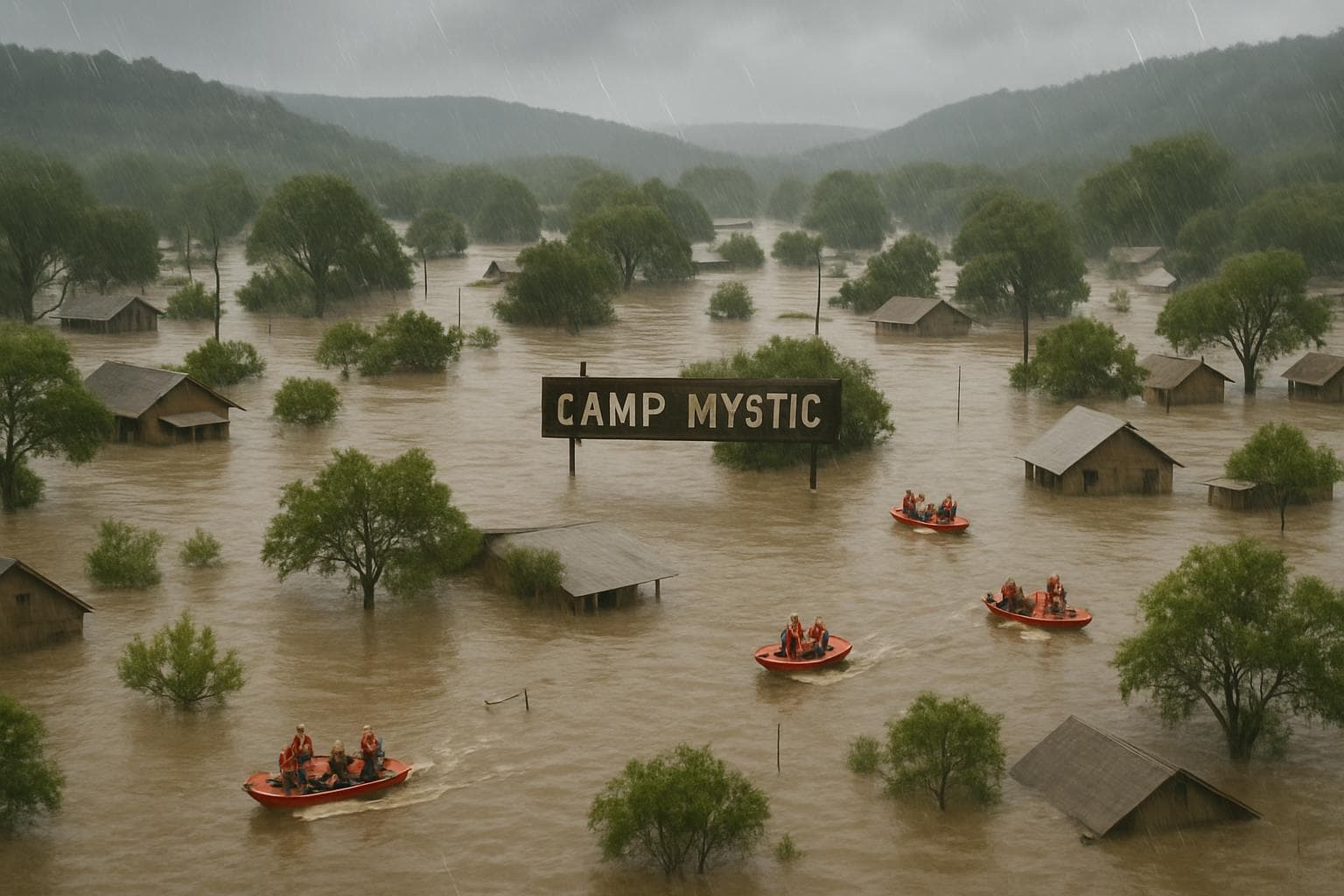 Aerial view of flooded Central Texas with rescue teams