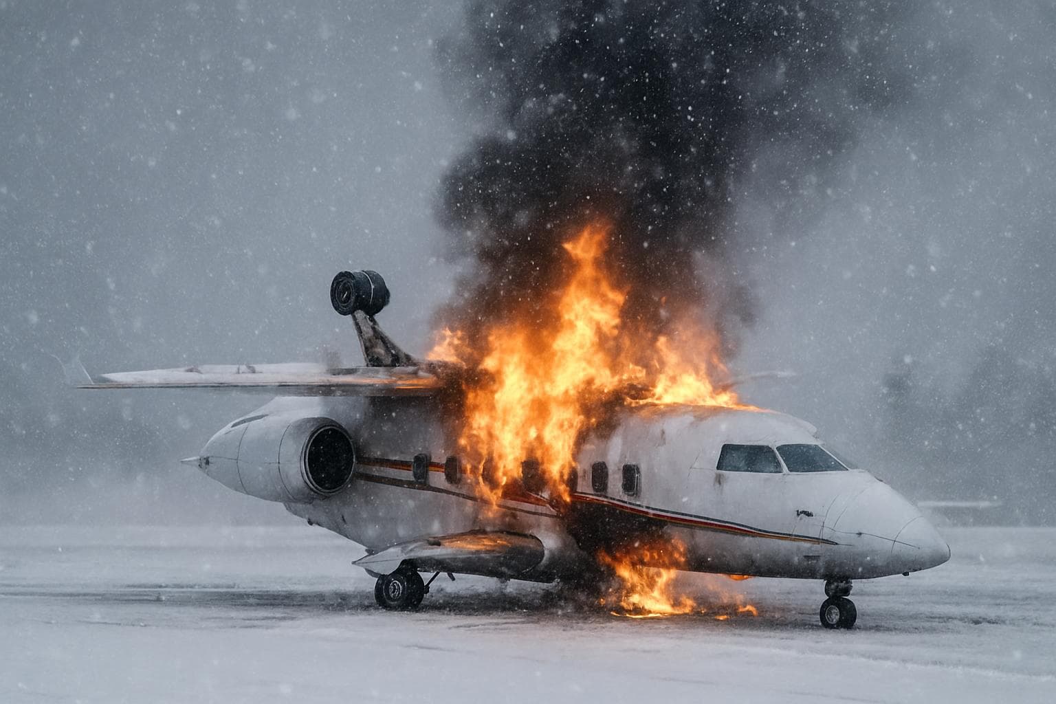 Inverted Bombardier Challenger 600 jet on fire in snow