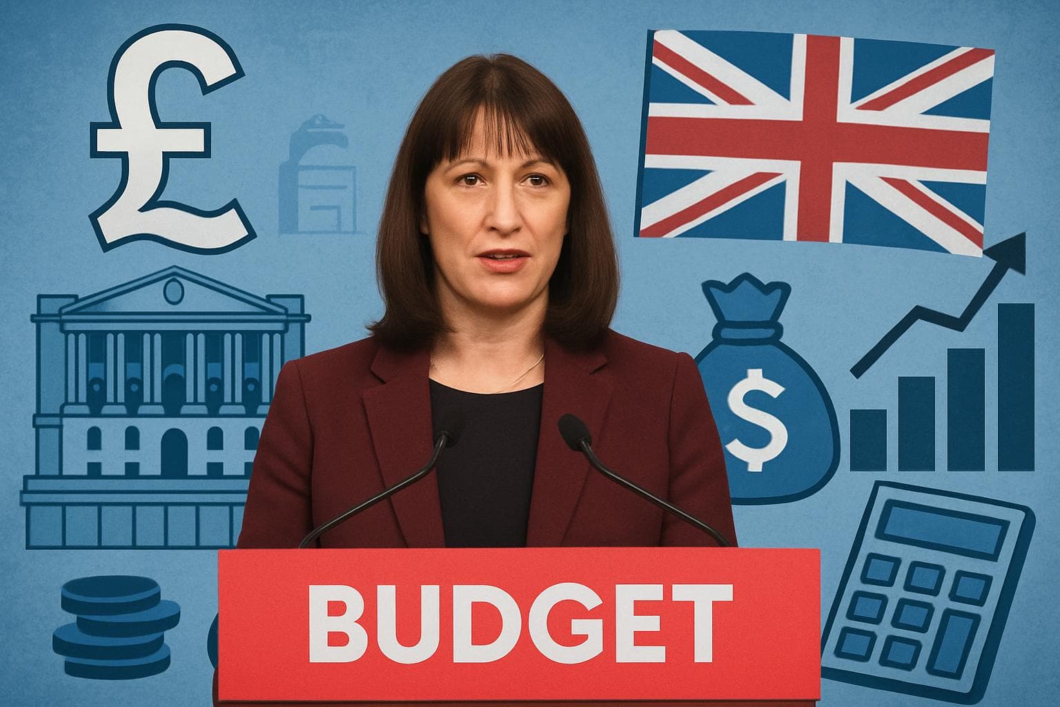 Chancellor Rachel Reeves at podium with UK financial symbols