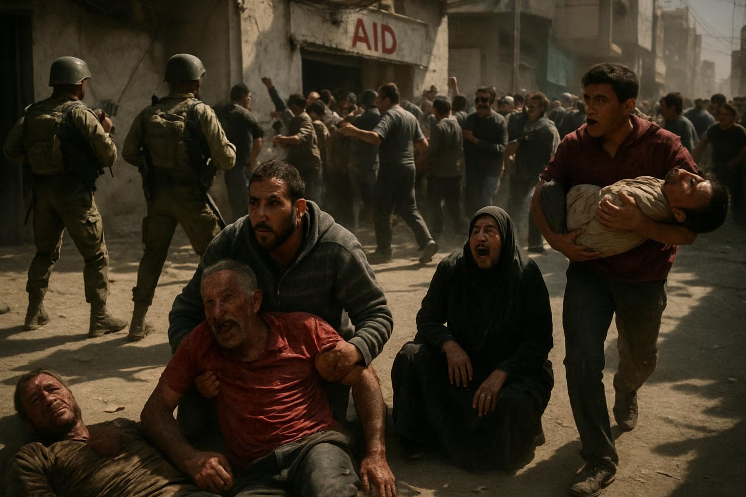 Injured individuals amid a standoff between crowds and soldiers in Gaza