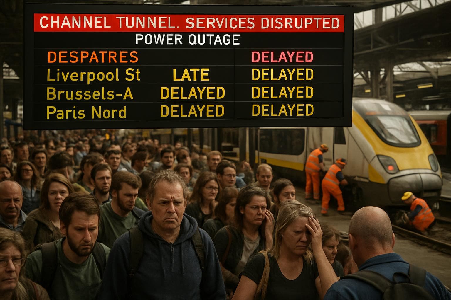 Crowded train station with frustrated passengers and delayed trains