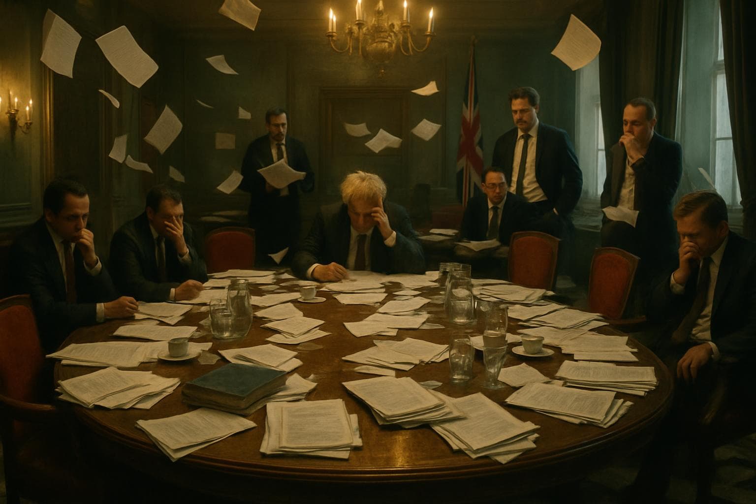 Dimly lit government meeting room with scattered papers
