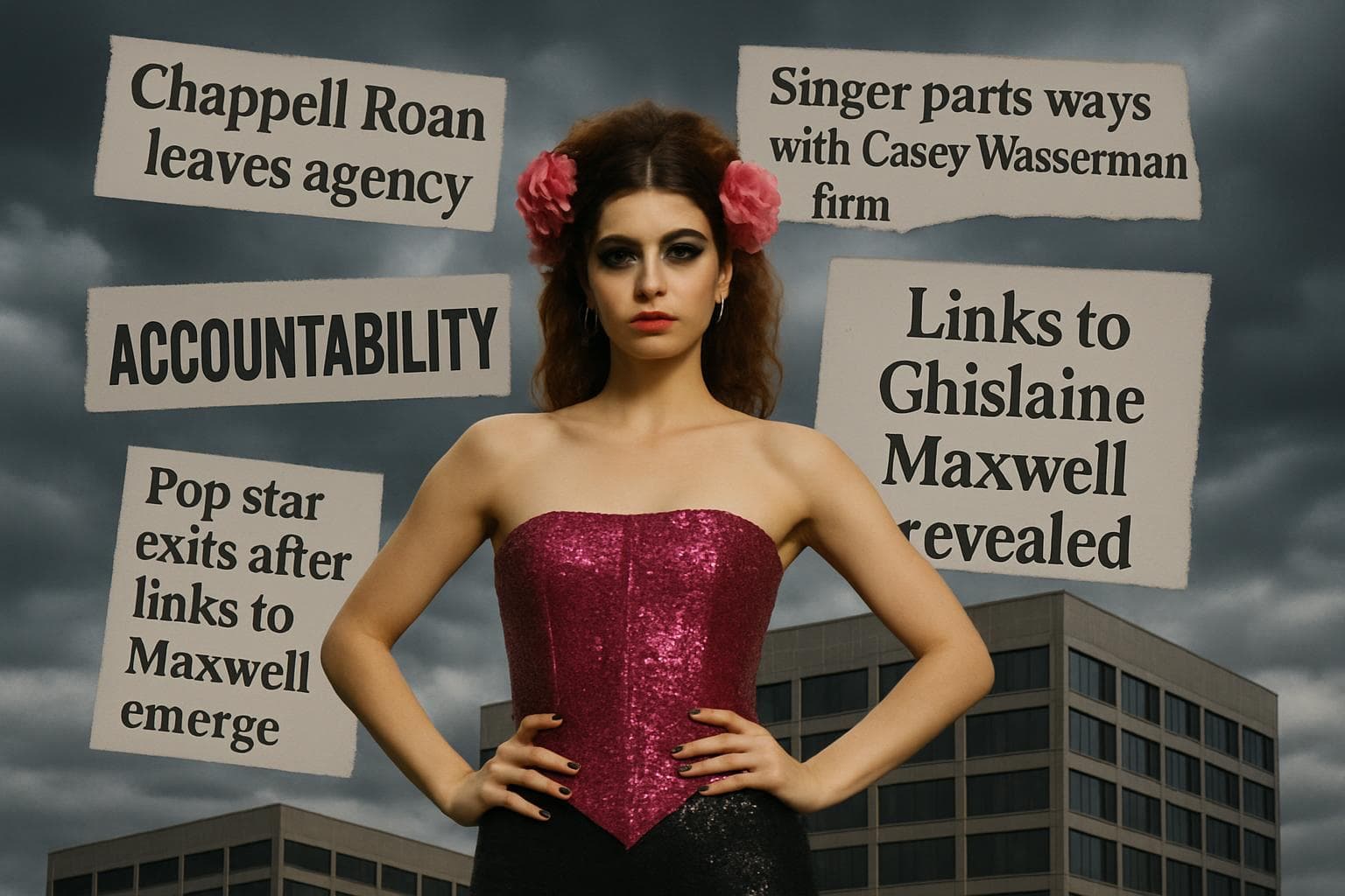 Chappell Roan stands confidently with agency building backdrop